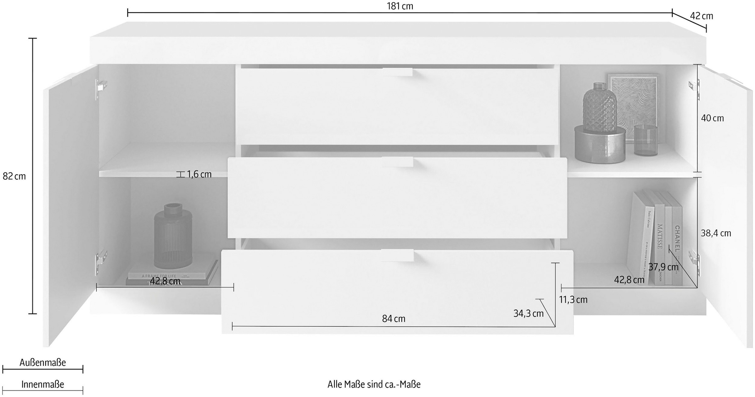 LC Sideboard »Slim«, Breite 181 cm, weiss Hochglanz Lack