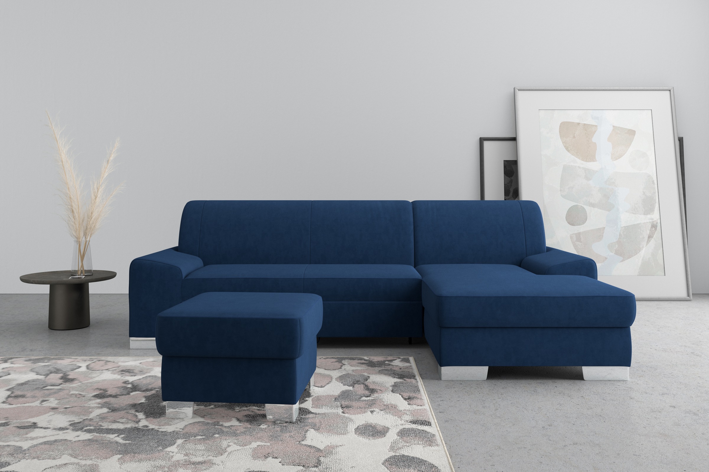 Image of DOMO collection Ecksofa "Anzio L-Form, whlw. Bettfunktion, Federkern, hochwertig, Breite 271 cm" Mit Bettfunktion, Recamiere rechts, Samtoptik, marine