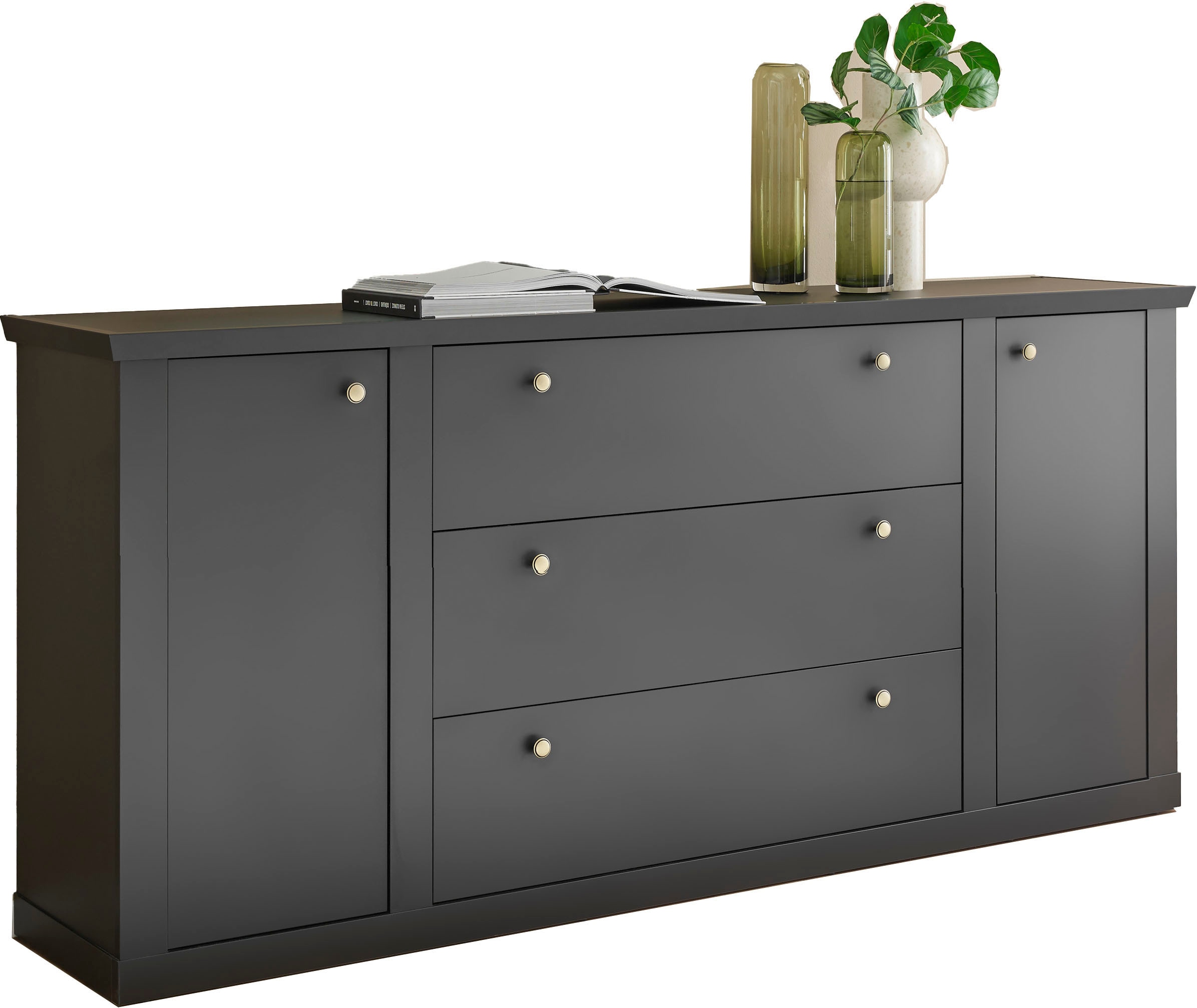 Home affaire Sideboard »Lincoln, moderner Schrank, schwarze Kommode, 205 cm breit« edles Design, messingfarbene Knopfgriffe, in 2 Grössen verfügbar
