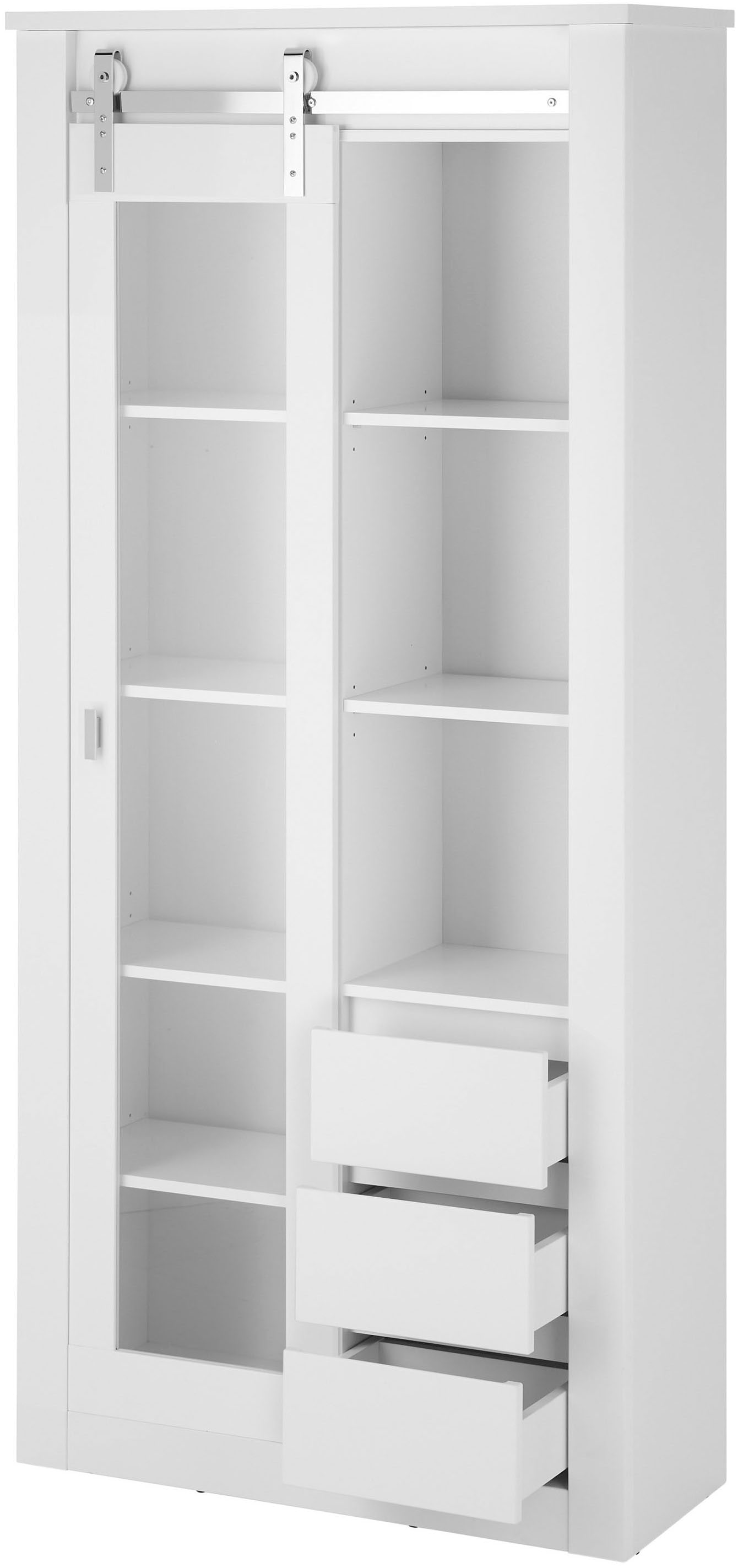 Home affaire Vitrine »Daytona, moderner Hochschrank, Glasvitrine in Weiss Hochglanz« mit Schiebetürenbeschlag in Chrom-Optik, ausreichend Stauraum