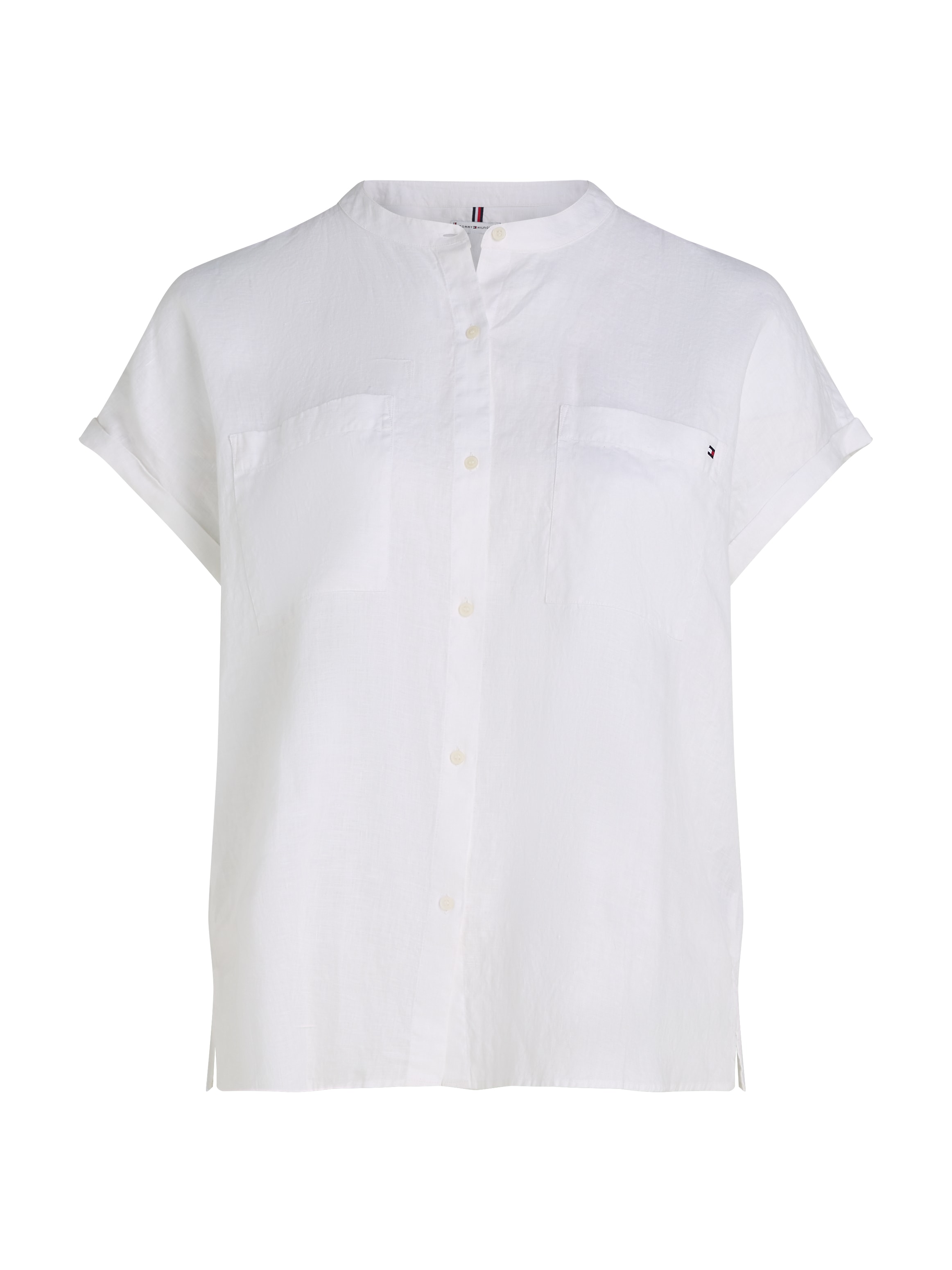 Tommy Hilfiger Curve Klassische Bluse »CRV ESS LI COLLARLESS S/S BLOUSE«, in Grossen Grössen, Leinenqualität, Logostickerei