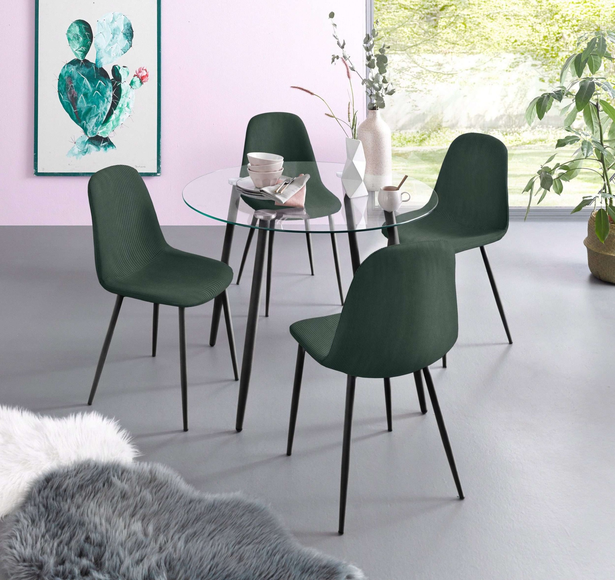 Image of GOODproduct Essgruppe "Danny-Miller" Set, 5 Stk. tlg. Glastisch 100x100 cm mit 4 Stühlen in Cord, Gestell aus Metall