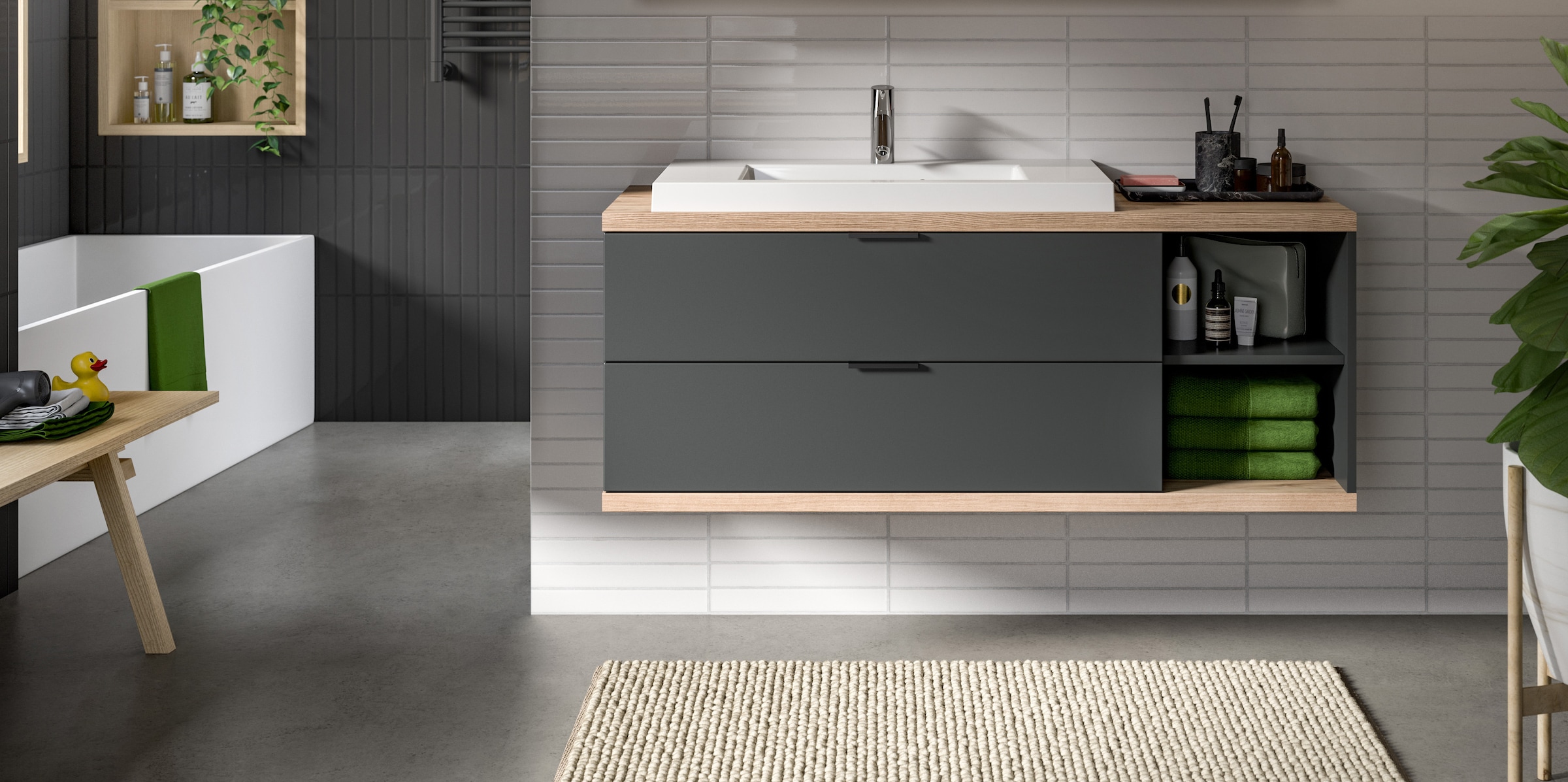 welltime Table de lavage »Sencillo, Waschbeckenunterschrank inkl. Mineralguss Waschbecken« Set, 1 cuis tlg. Sencillo, Waschbeckenunterschrank,2 Schubladen, 2 offene Fächer