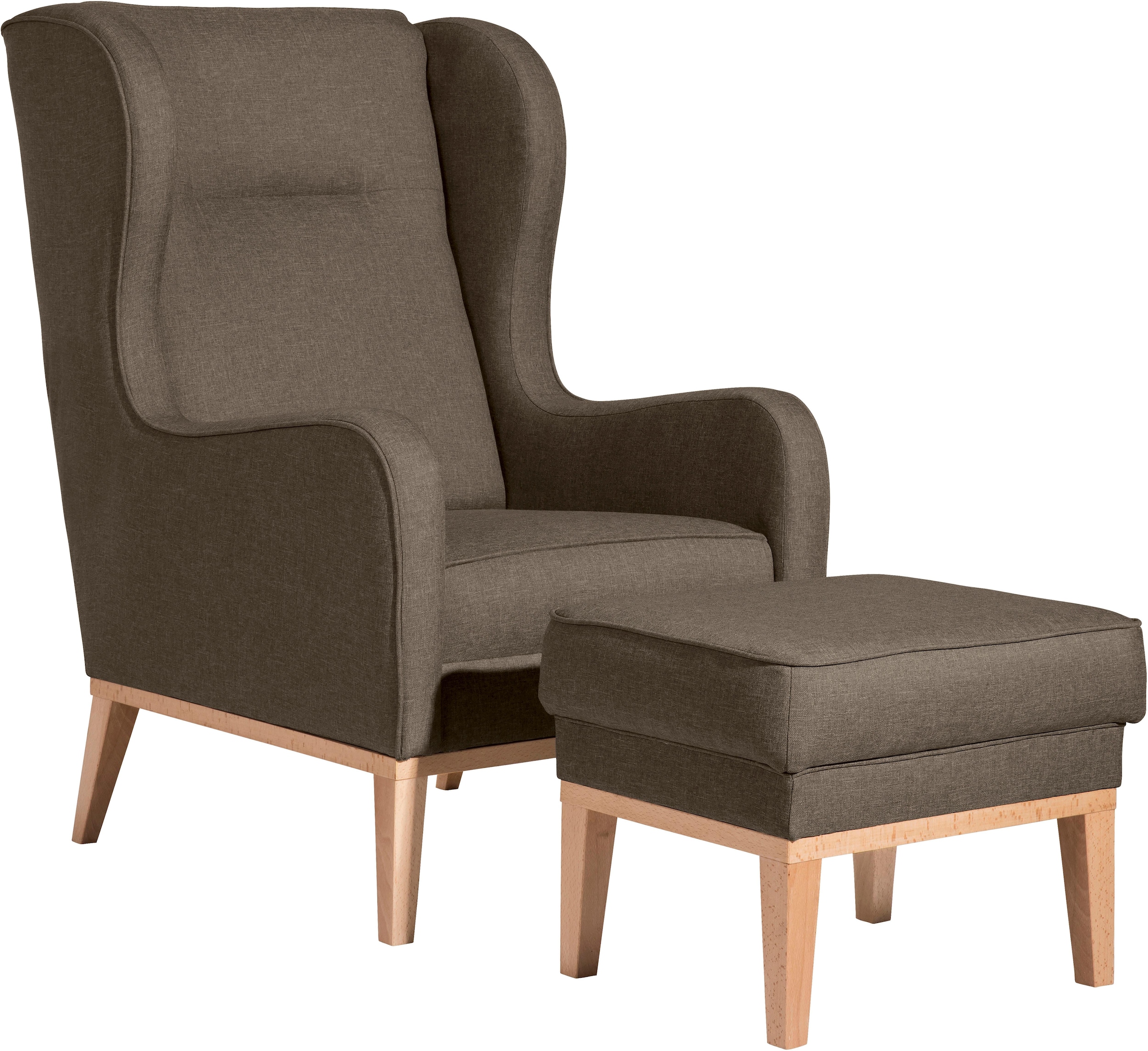 Max Winzer® Ohrensessel »Anthony eleganter Hochlehner, Designsessel, bequem und komfortabel«, mit umlaufendem Holzsockel & Kedernaht, Solitärmöbel mit hohem Holzfuss