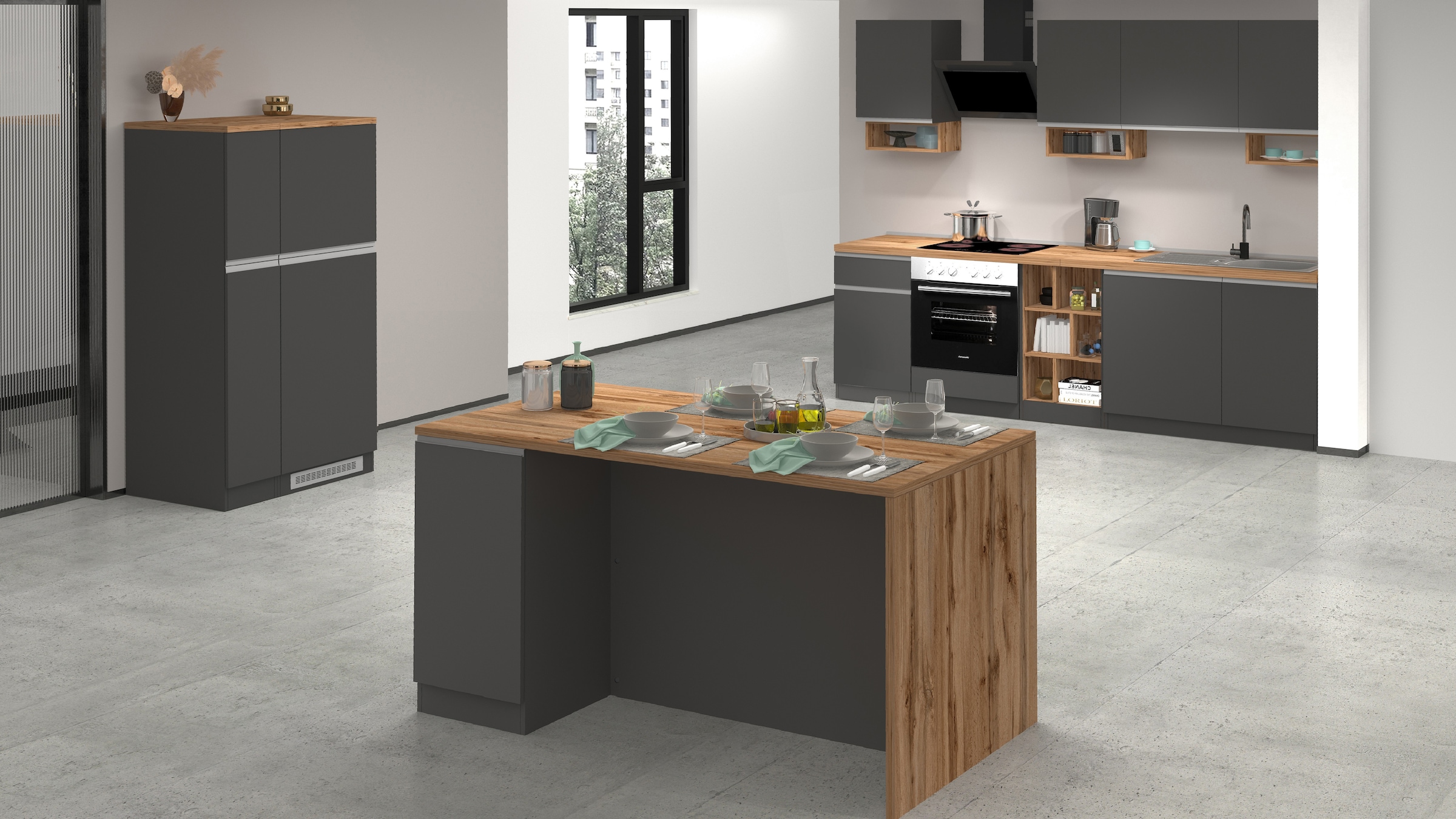 KOCHSTATION Ilot de cuisine »Sole,Kochinsel,Küchenarbeitsblock,Inselküche,Arbeitsinsel« Breite 160 cm mit 2 Türen,4 Fächer, Arbeitsplatte, Aluminiumgriff