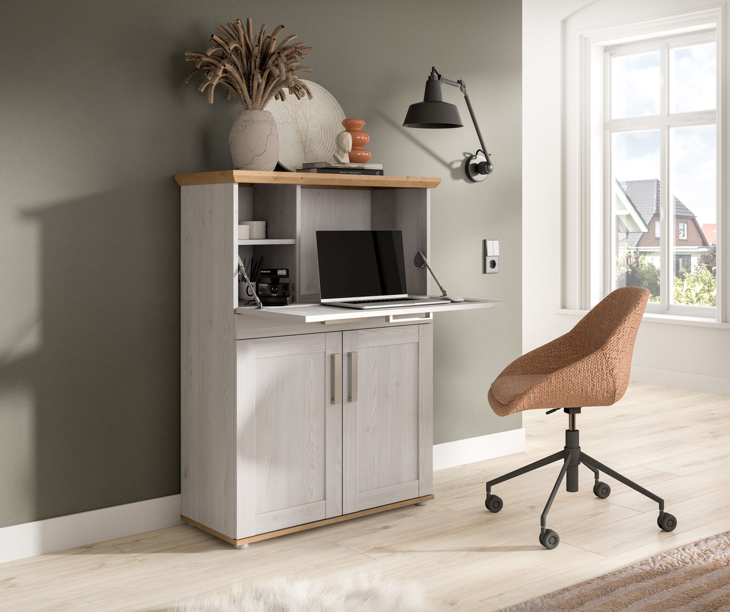 Home affaire Sekretär "COSENZA, Höhe 122 cm, 2 Türen, 1 Klappe, 1 Schubkasten, 5 Fächer" in Landhausoptik, mit weiteren Artikel der Serie kombinierbar, Schreibtisch, Home-Office, Kommode, Schrank, Midischrank
