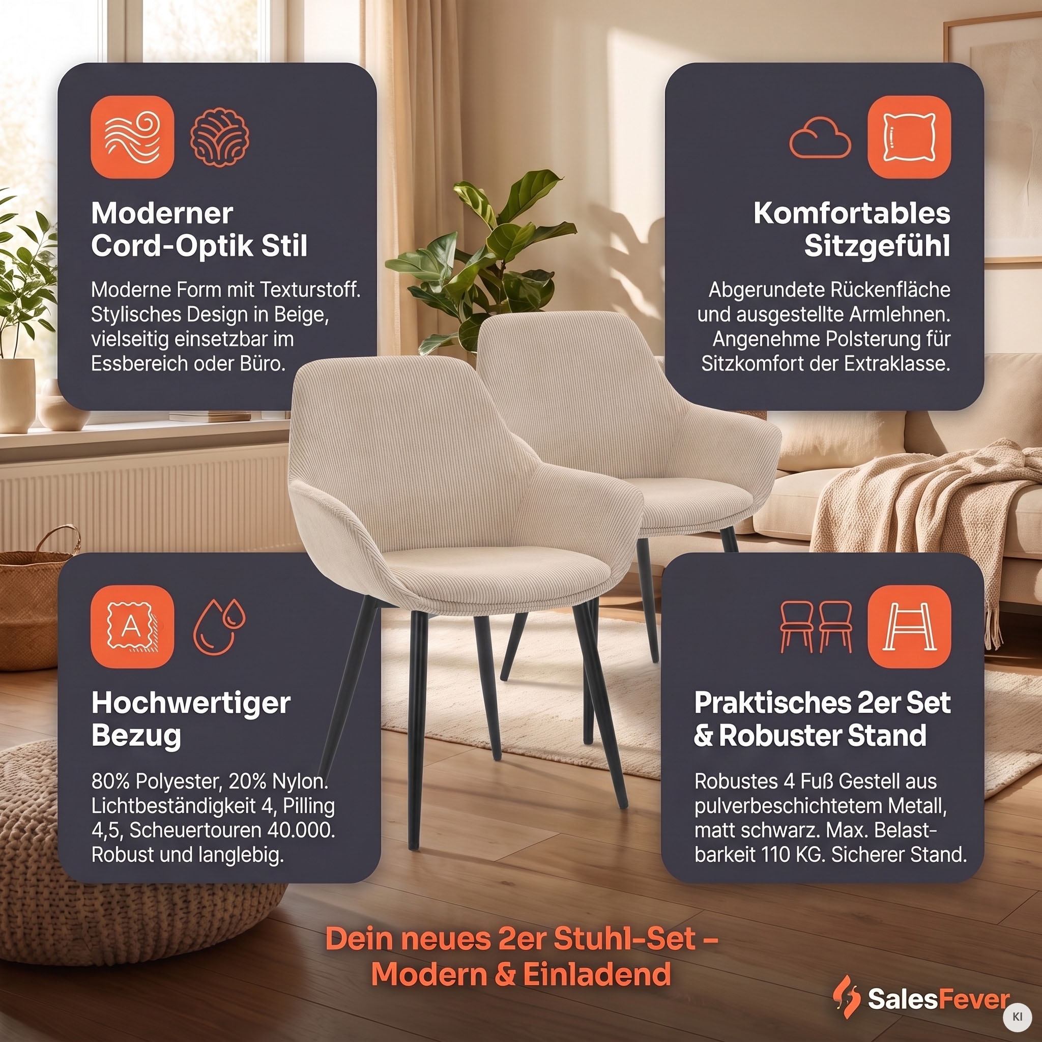 SalesFever Armlehnstuhl »Komfortabler Esszimmerstuhl im zeitlosen Design« (Set) 2 Stk.Bezug in Cord-Optik