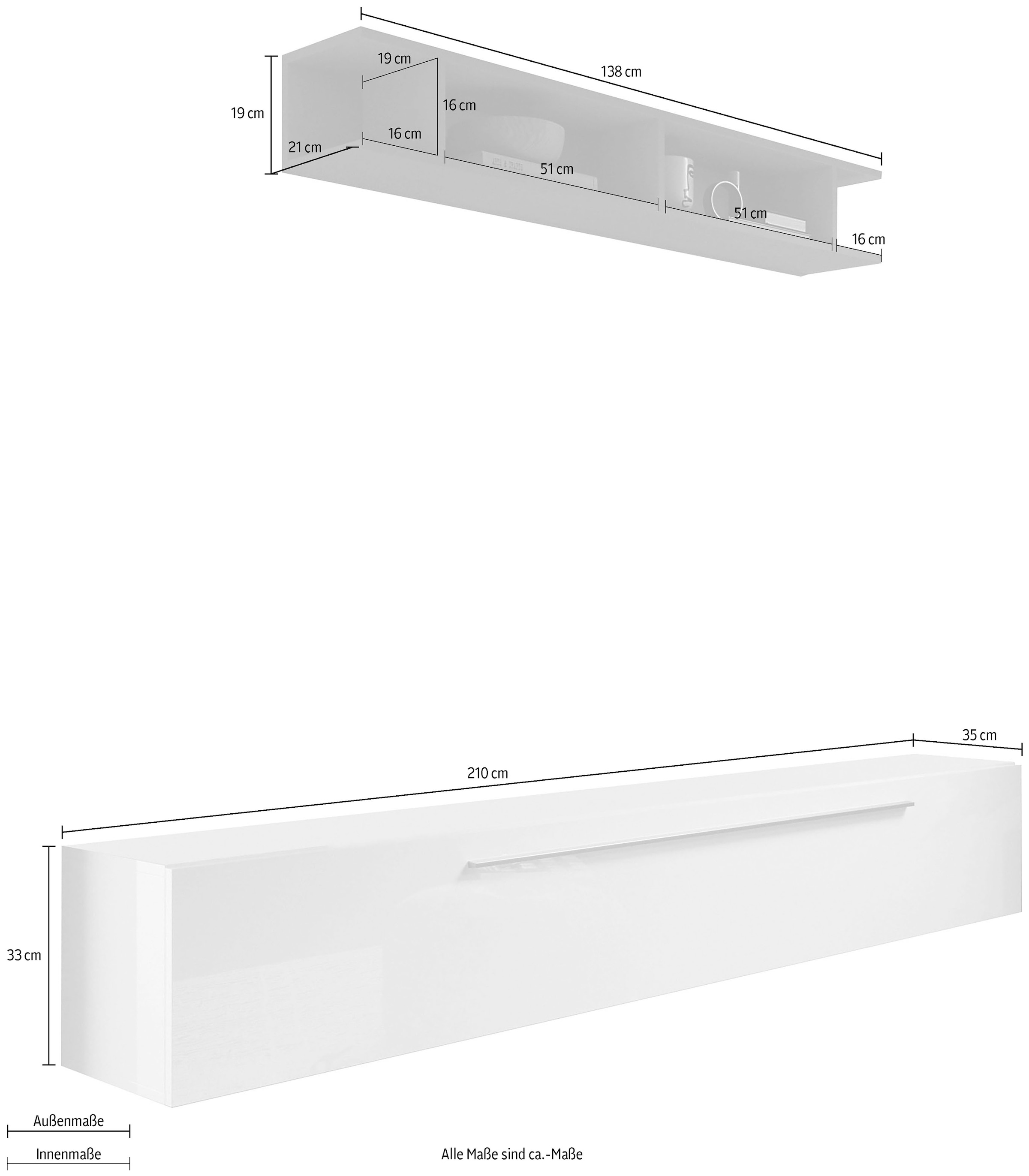INOSIGN Wohnwand »INFINITY, 2tlg. Breite 210 cm, Höhe variabel, Wohnwand«, (Spar-Set, 2 St.), (Lowboard hängend mit Metallgriff, Wandregal)