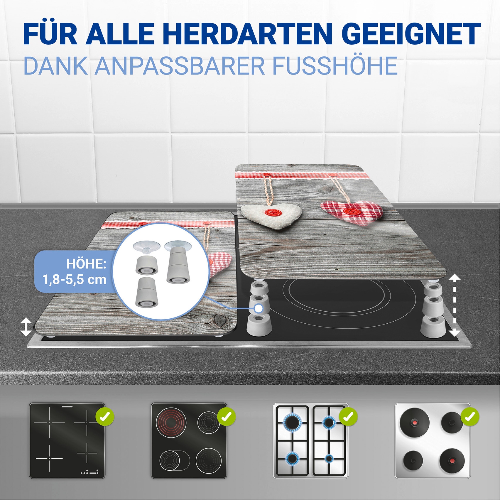 WENKO Herd-Abdeckplatte »Universal Modell Herzen«, (Set, 2 tlg.), Herdabdeckung für alle Herdarten, kratzfest, mit rutschfesten Füssen