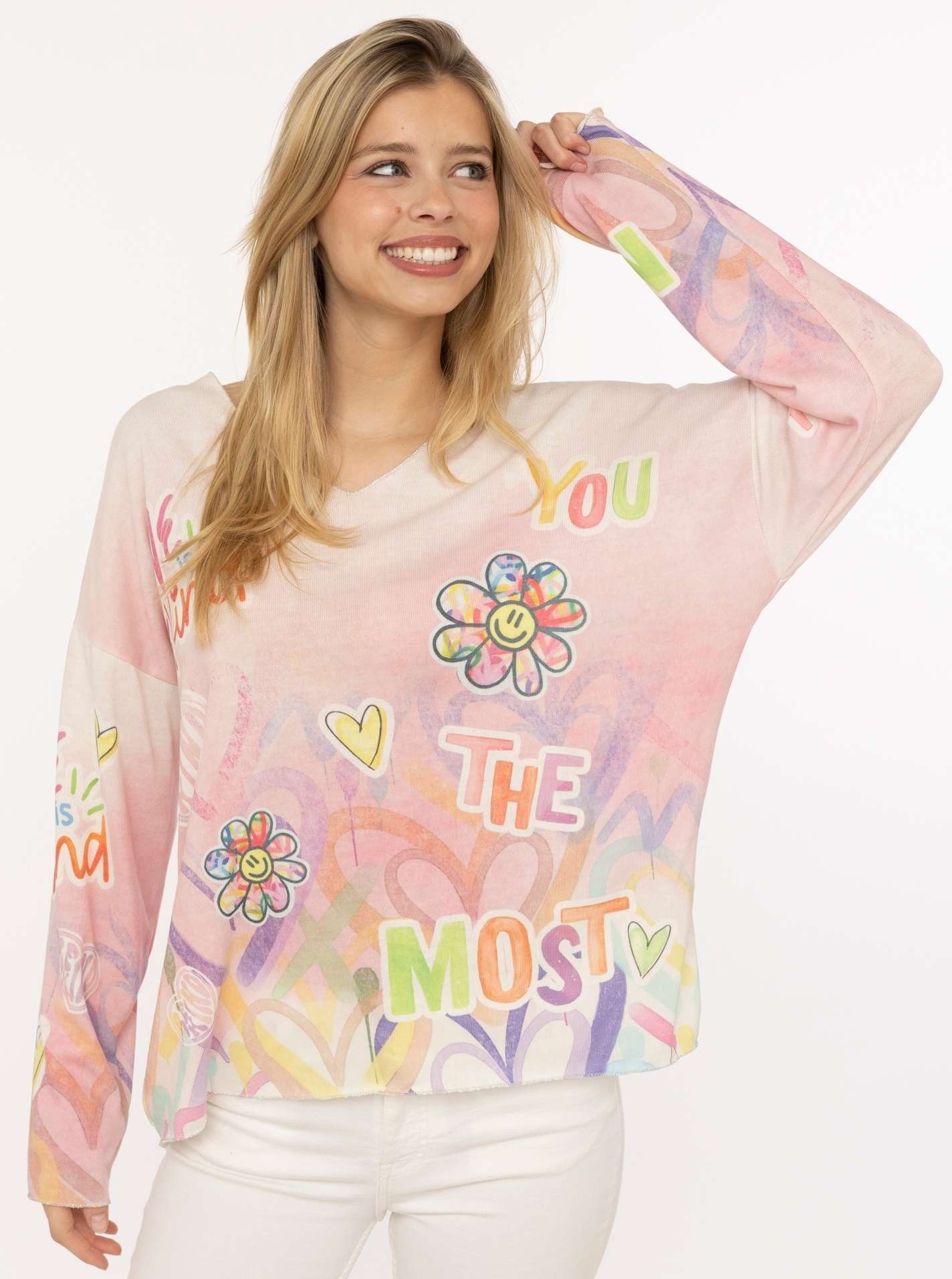 Image of Zwillingsherz Langarmshirt ""Love is Kind"" moderner Schriftzug, V-Neck, leichtes Material