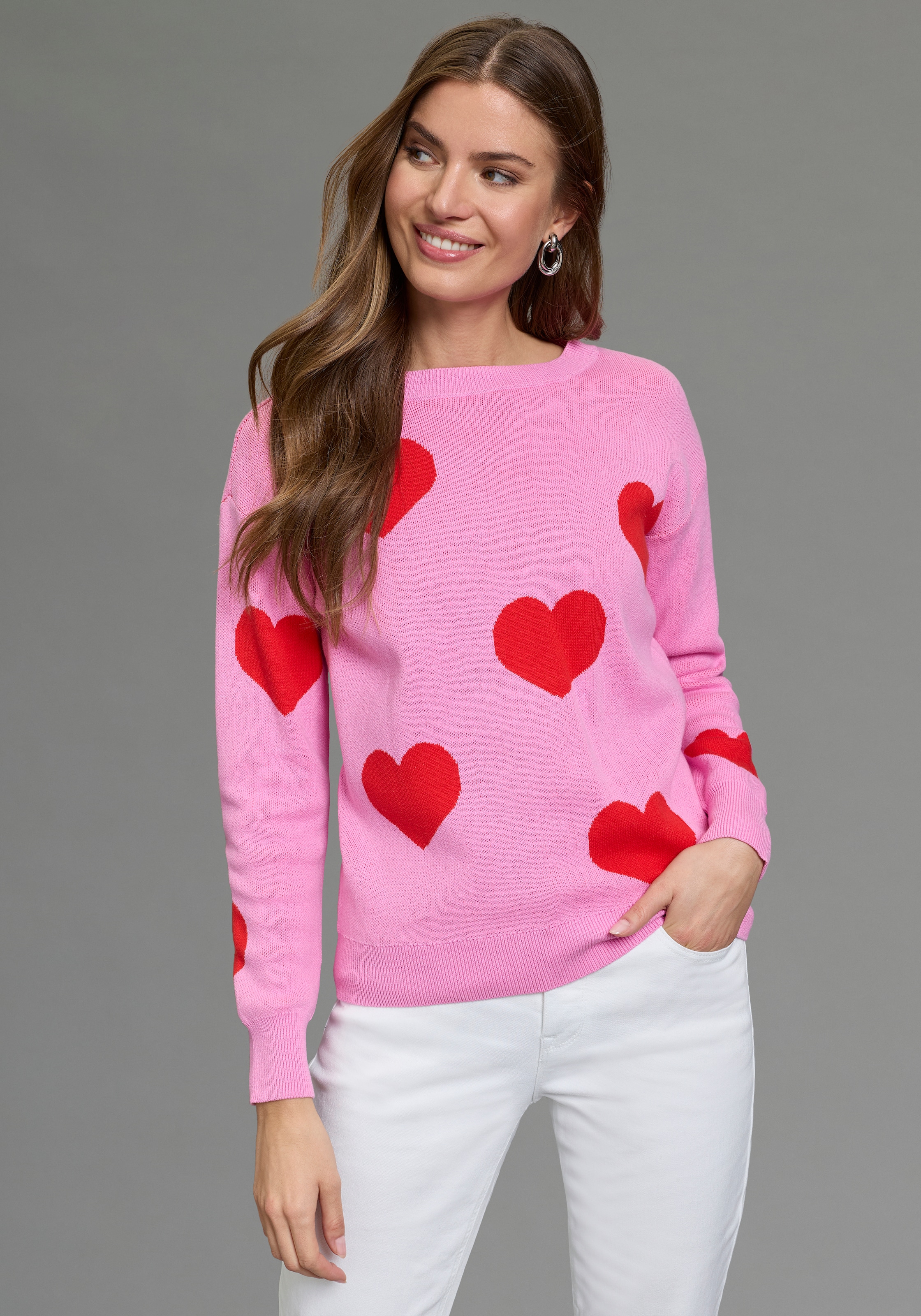 Image of Laura Scott Jacquardpullover "aus angenehm leichtem Frühlingsstrick" aus Baumwolle mit knalligem Herzmuster