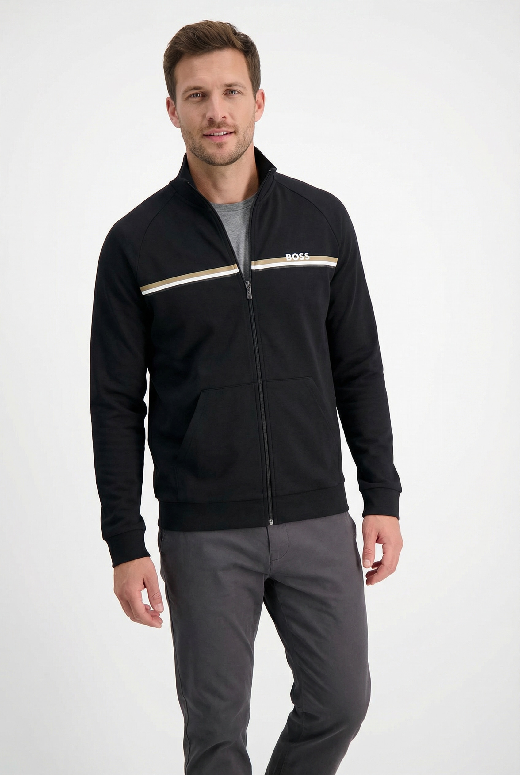Image of BOSS Sweatjacke "Authentic" mit Streifen und Logo, regular fit