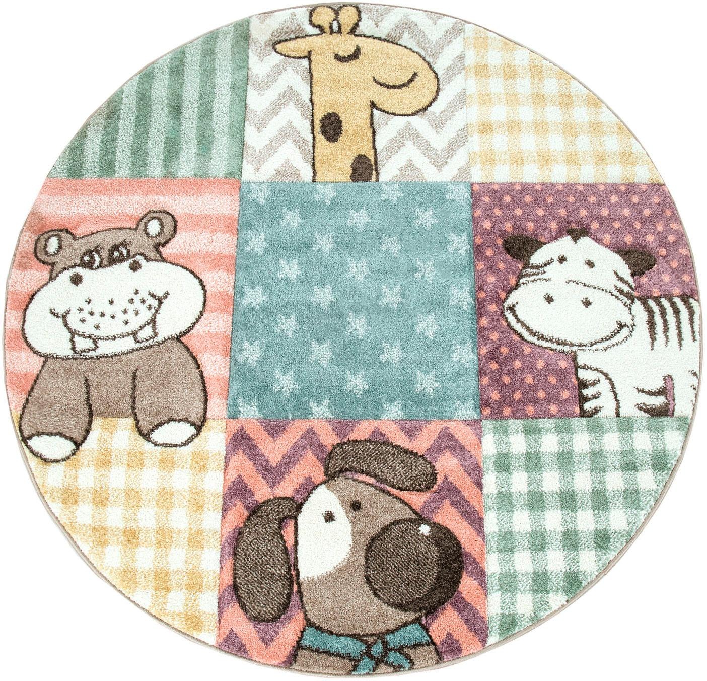 Image of Paco Home Kinderteppich »Cosmo 906«, rund, 18 mm Höhe, 3D-Design, Patchwork Muster, Motiv Tiere & Sterne, Pastell Farben, Kinderzimmer bei Ackermann Versand Schweiz