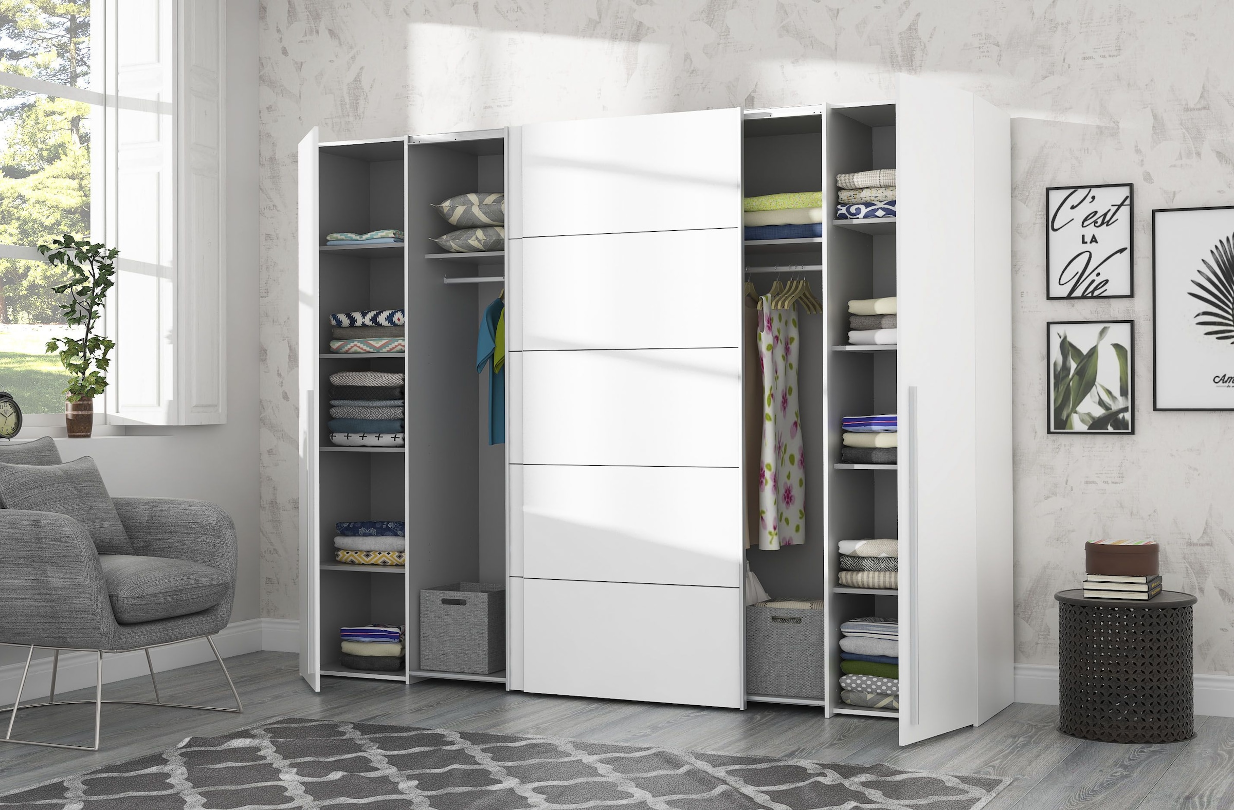 FORTE Armoires à vêtements »Narago, Kombischrank, modernes Design« L/H/P env. 270/210/61 cm, aussi avec équipement premium,  Combinaison de portes coulissantes avec portes latérales battantes, Fabriqué en Europe