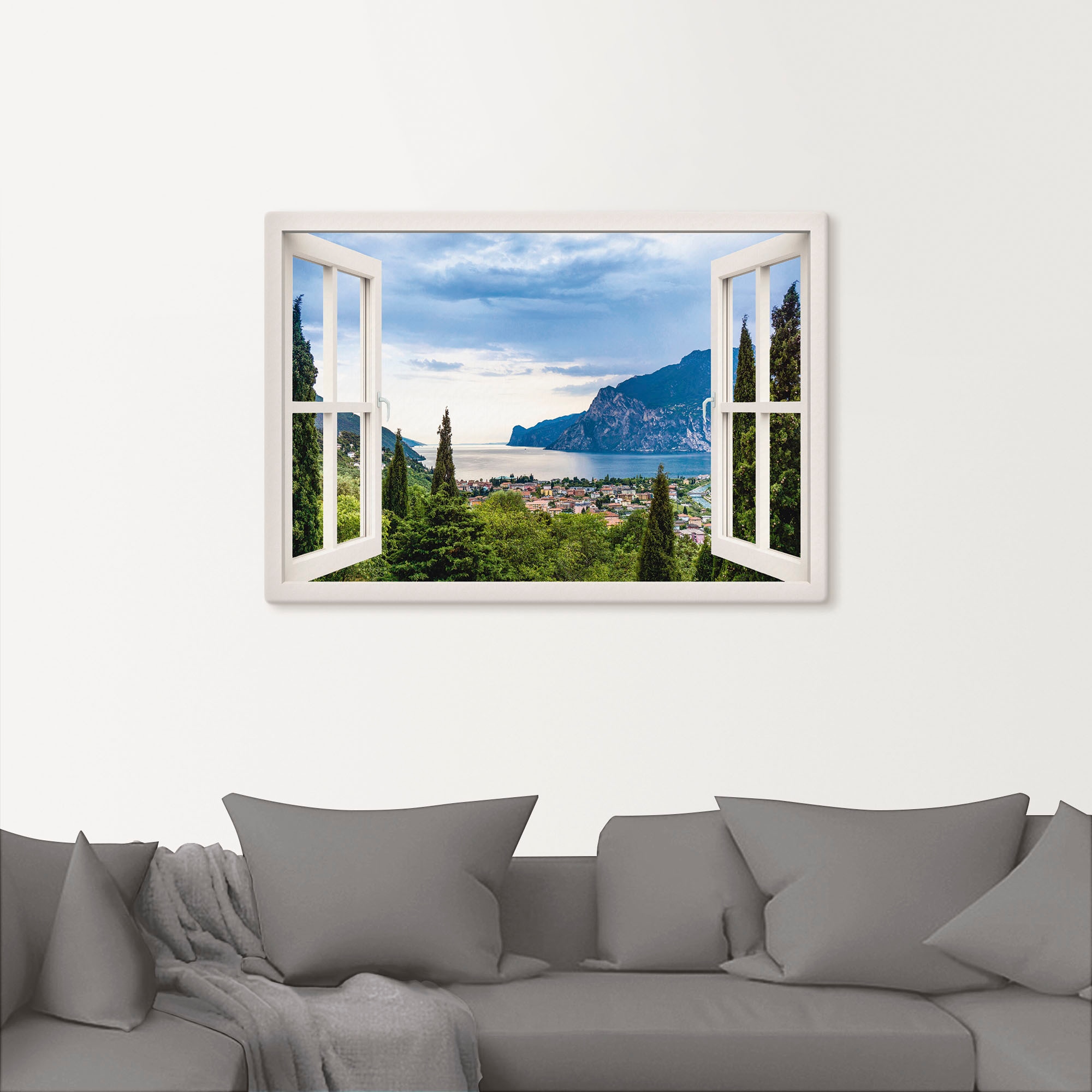 Artland Wandbild »Gardasee durchs weisse Fenster«, Seebilder, (1 St.), als Alubild, Outdoorbild, Leinwandbild, Poster, Wandaufkleber
