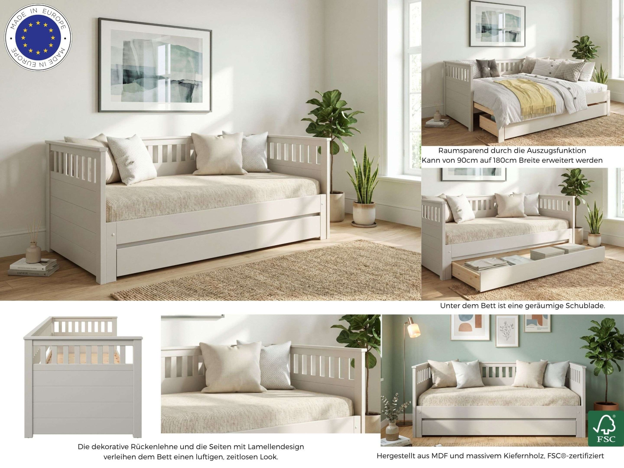 GOODproduct Daybett »Morrick, ausziehbar, 2 Schlafplätze + Schublade, Cashmere Beige« massive Kiefer, schöne Sprossenoptik, Stauraum, Skandi Look