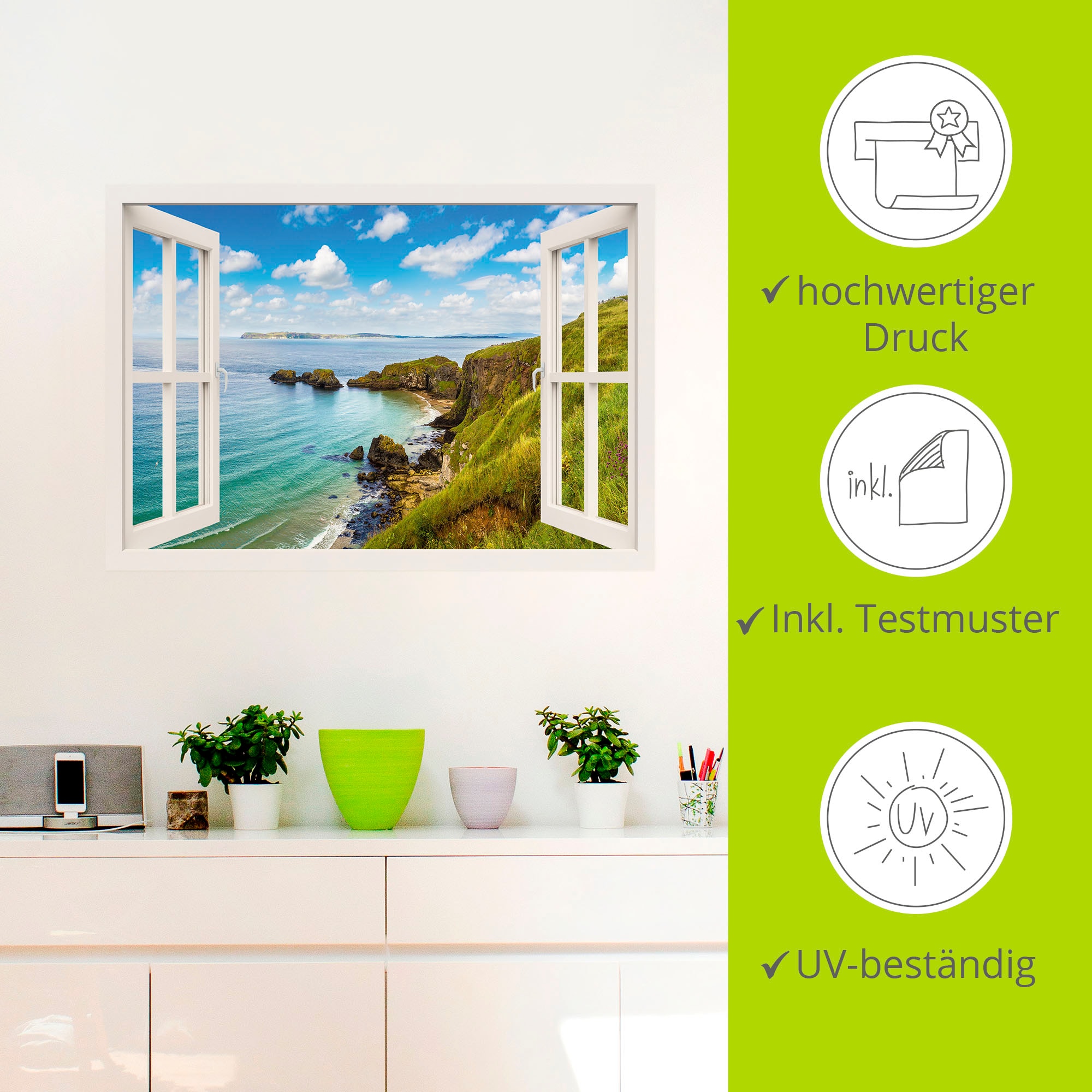 Artland Wandbild »Küstenweg in Nordirland durchs Fenster«, Meer Bilder, (1 St.), als Leinwandbild, Wandaufkleber oder Poster in versch. Grössen
