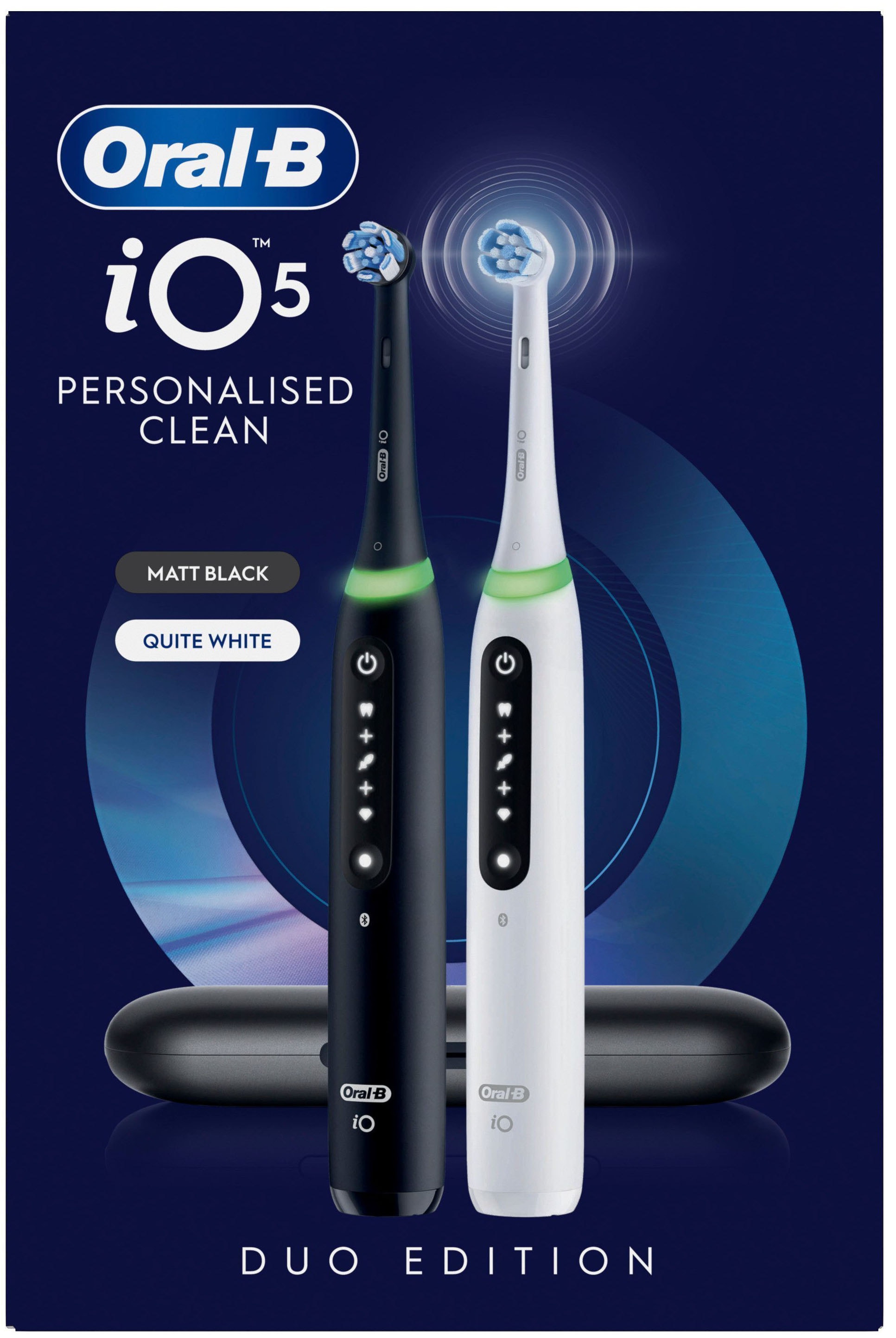Oral-B Elektrische Zahnbürste »iO 5 Duopack« 2 Stk. Aufsteckbürsten mit Magnet-Technologie, LED-Anzeige, 5 Putzmodi, Reiseetui
