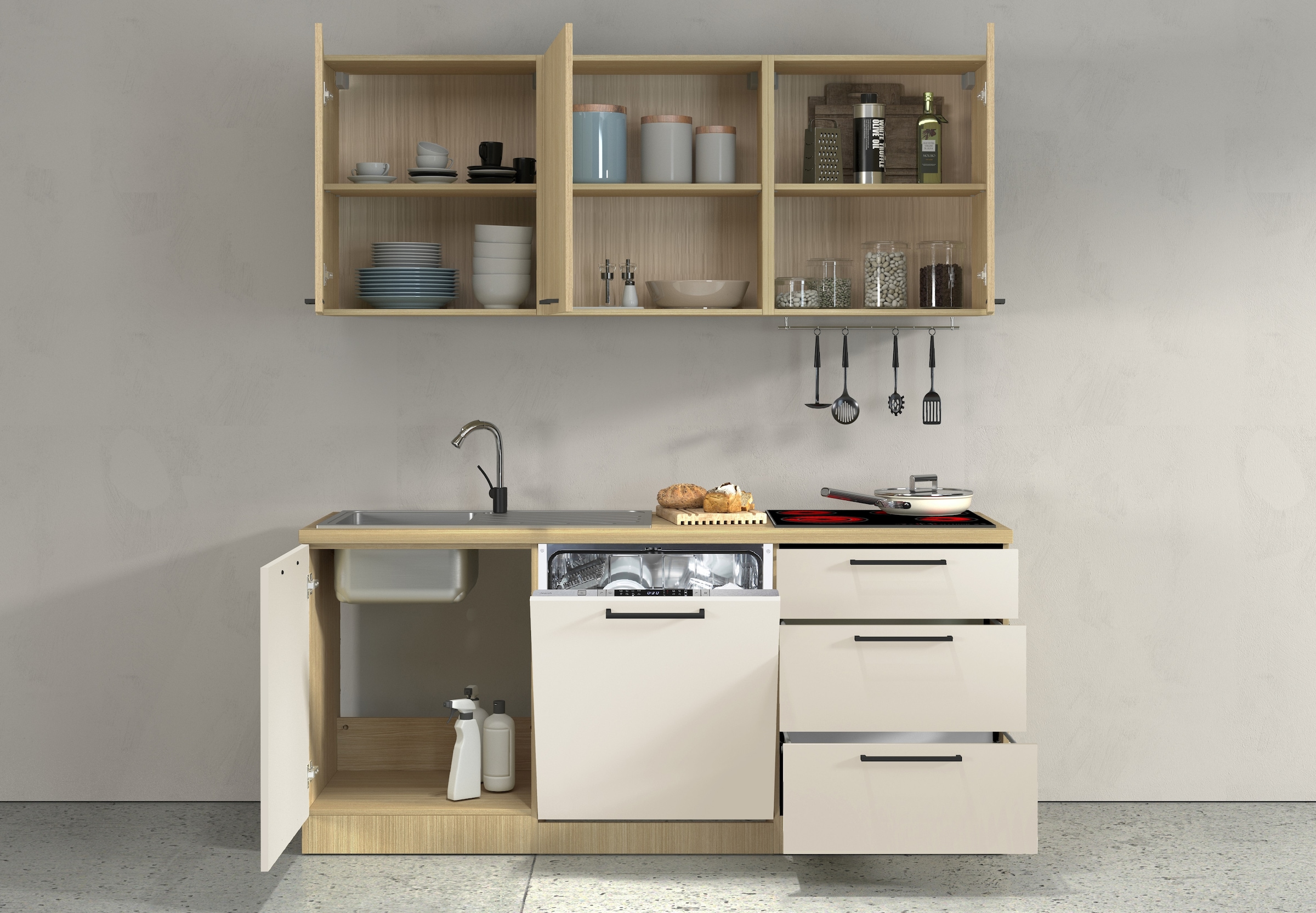 KOCHSTATION Kitchenette »Luna, Küchenzeile mit Spüle + Siphon, ohne E-Geräte« Breite 182 cm,Türen mit Soft-Close Funktion, Metalgriffe,Made in Italy