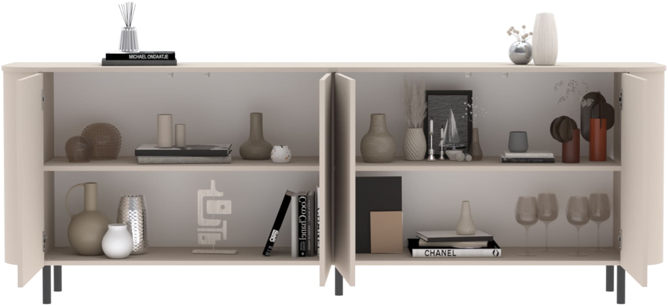 INOSIGN Sideboard »Lido, 231 cm breit, 4 Türen, Anrichte, Kommode, Stauraumschrank« Formgebogenes MDF, Stirnseiten mit Rundung, Push-to-open, Metallfüsse