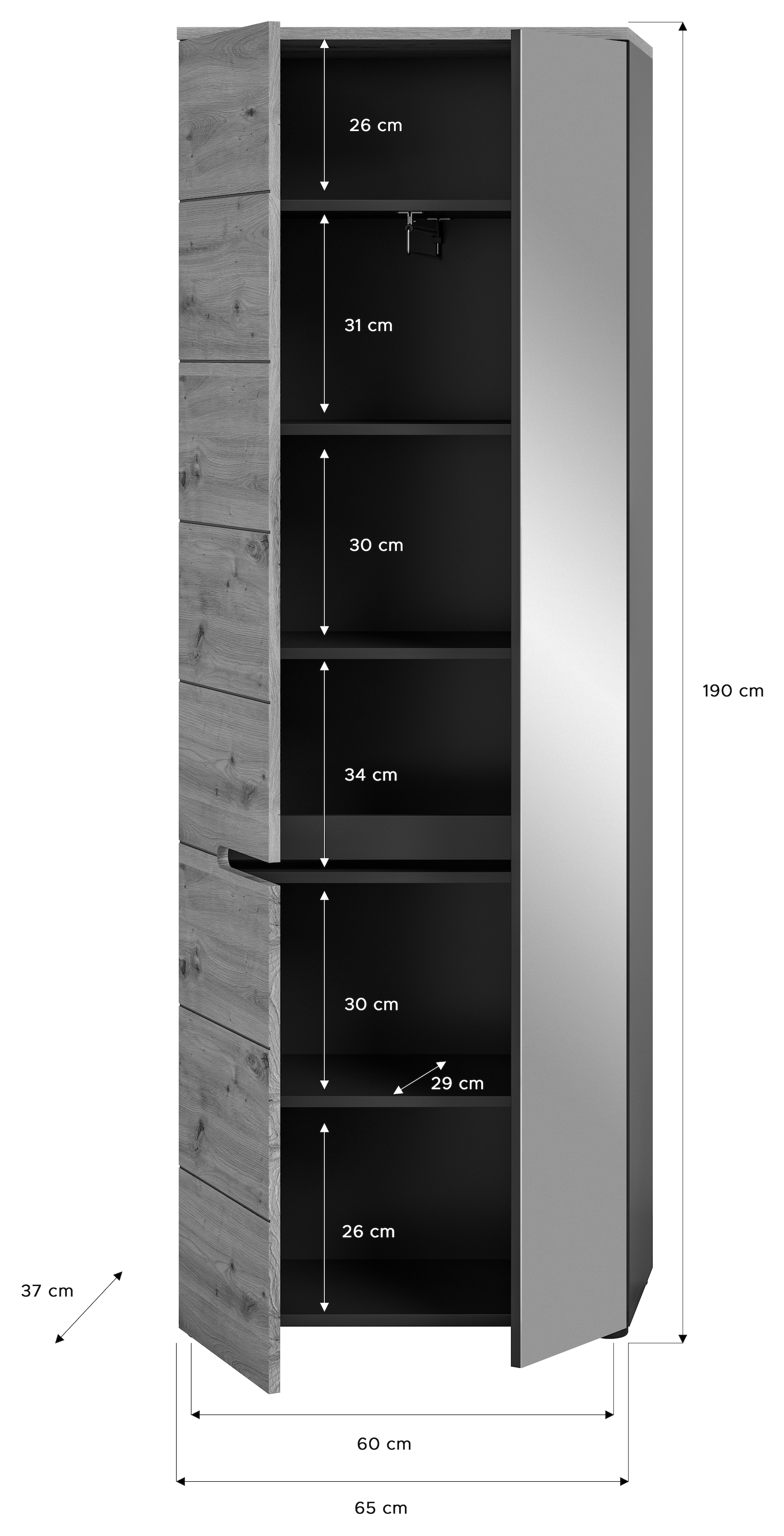 INOSIGN Garderobenschrank »Rehat, Höhe: 190cm, in Basalt grau/ Artisan Eiche, 2 Türen, 6 Fächer«, Garderobe, Flurschrank, Dielenschrank, Kleiderschrank, Garderobenmöbel