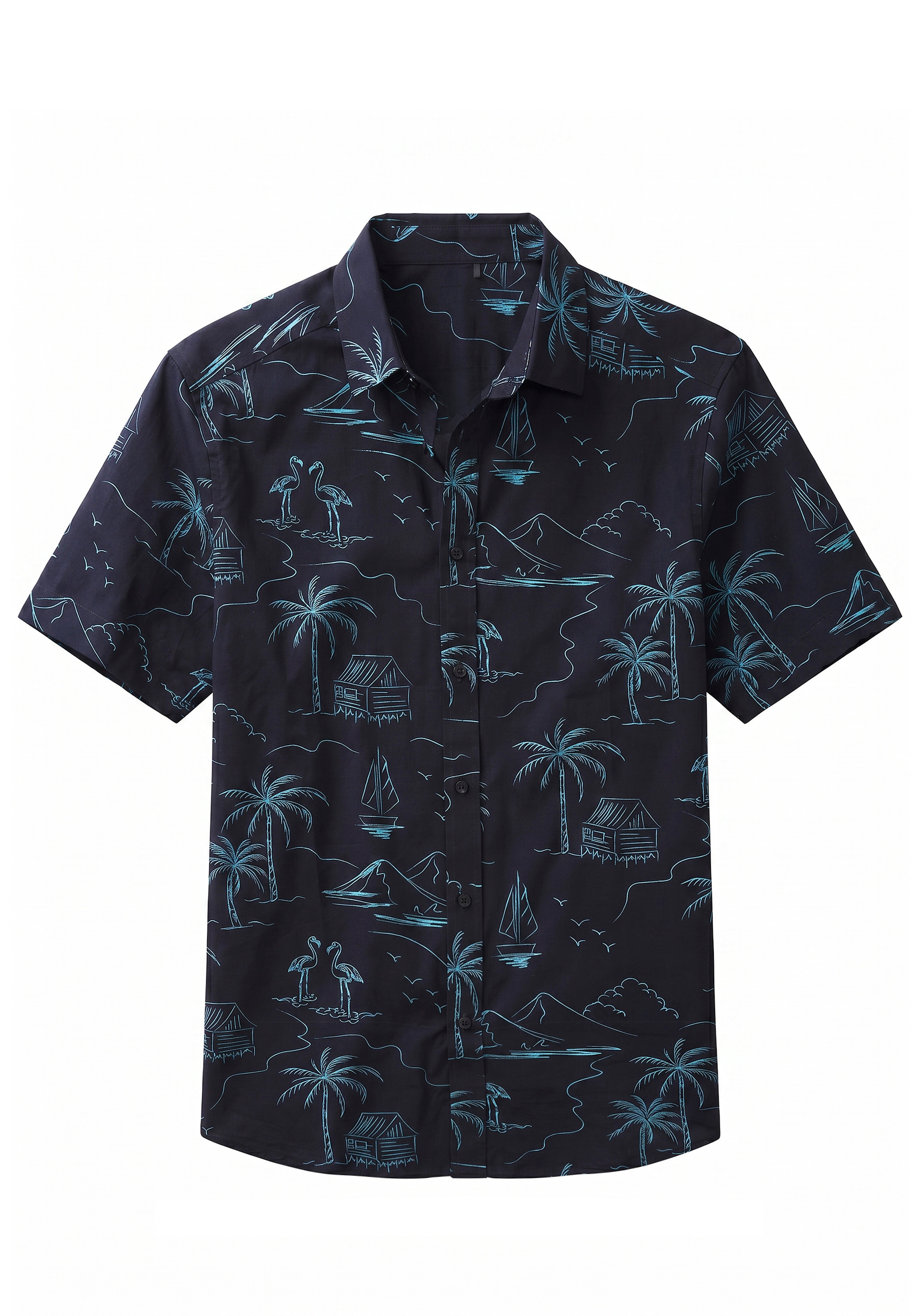 John Devin Chemise hawaïenne », sommerliches Kurzarmhemd mit kontrastfarbigem Palmen Druck«