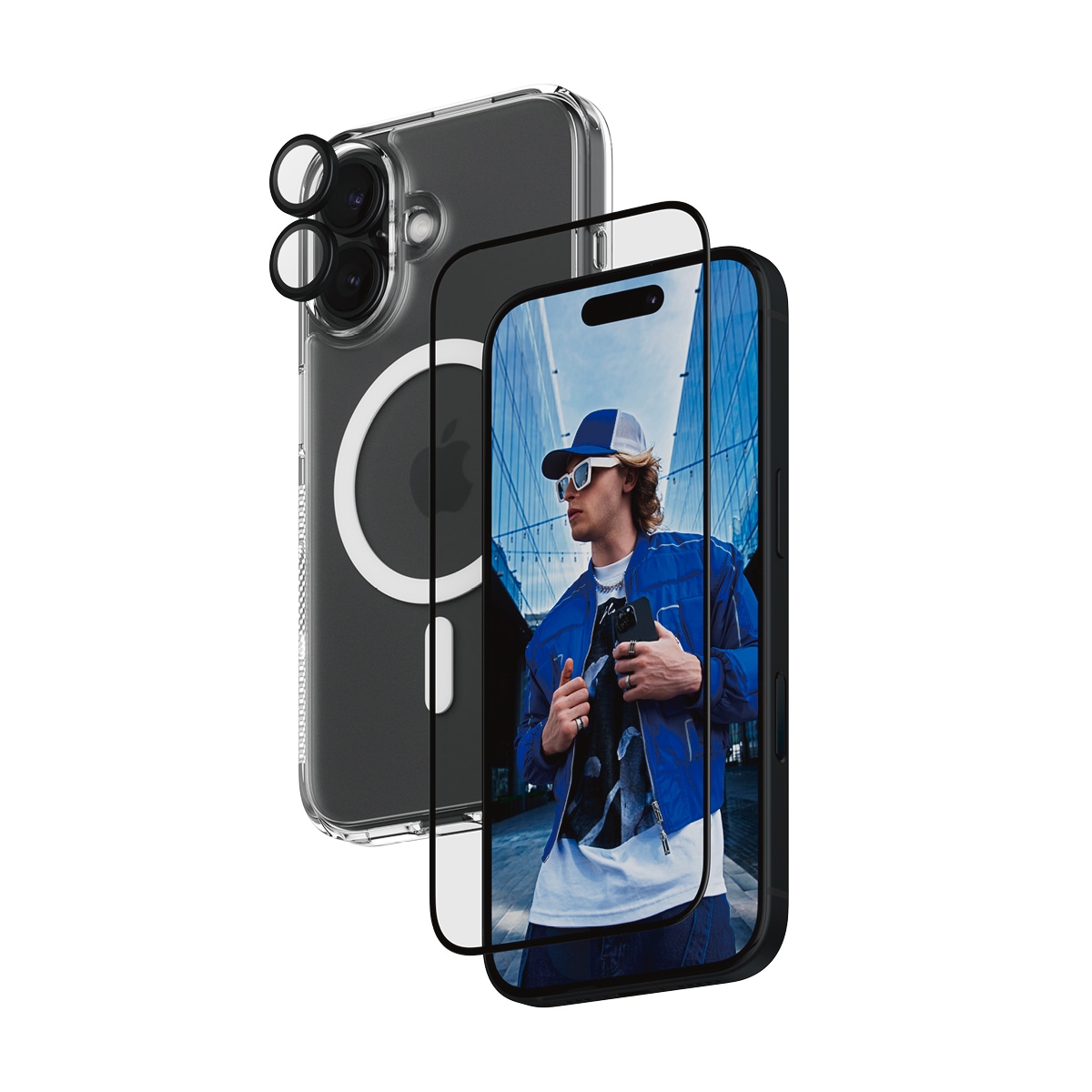 PanzerGlass Displayschutzglas »3-in-1 Protection«, für Apple iPhone 16, (Set, 3 St., bestehend aus Ultra-Wide Fit Glass, Hoops, Case), Displayschutzfolie, Set, Kameraglas, Cover, MagSafe, kratz- & stossfest