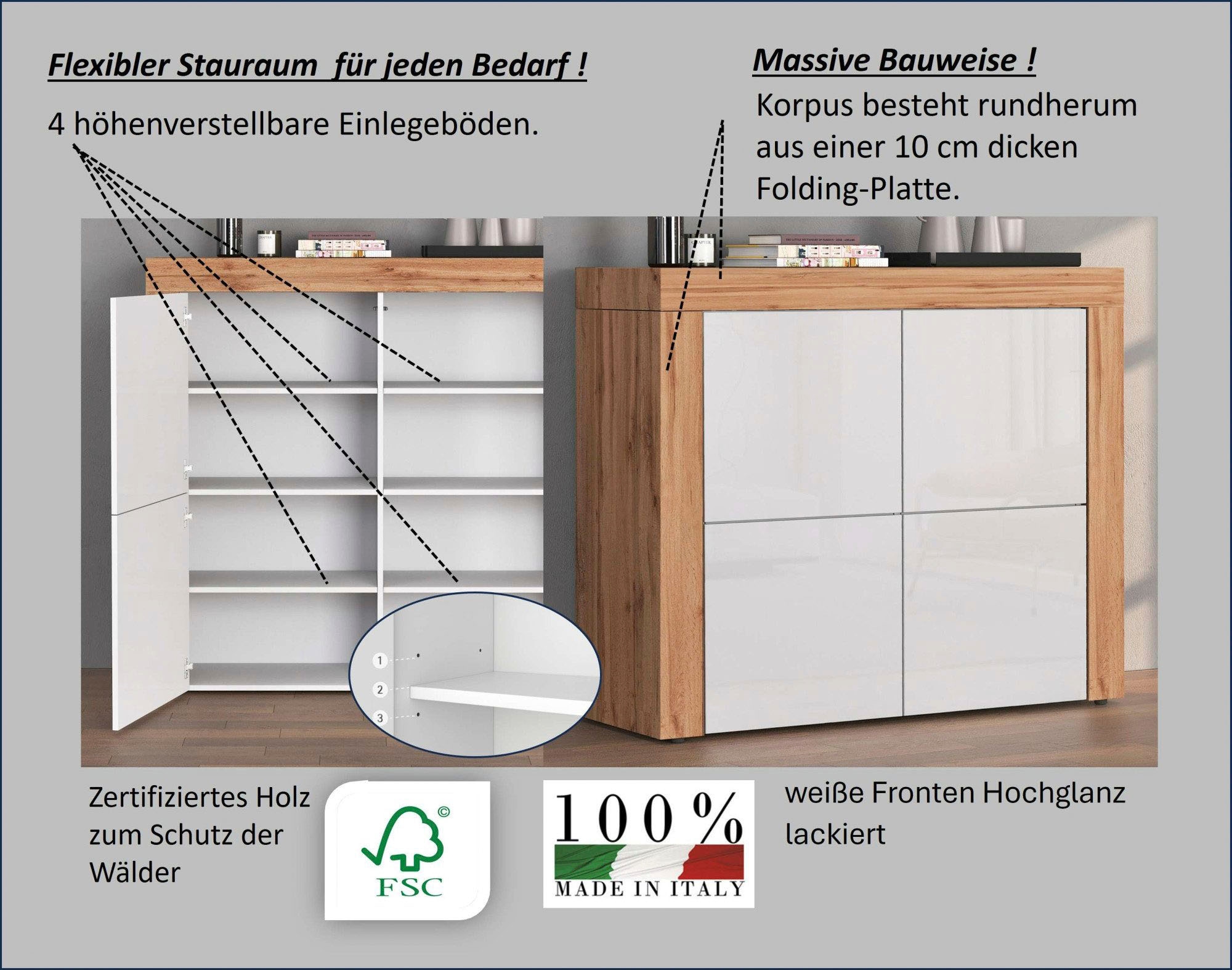 GOODproduct Buffet haut »CHRONOS Breite 140 cm mit 4 Türen und 8 Fächer 'Made in Italy'« 1 cuis tlg. Hohes Sideboard, Kommode, Schrank, Grifflos mit Push to Open