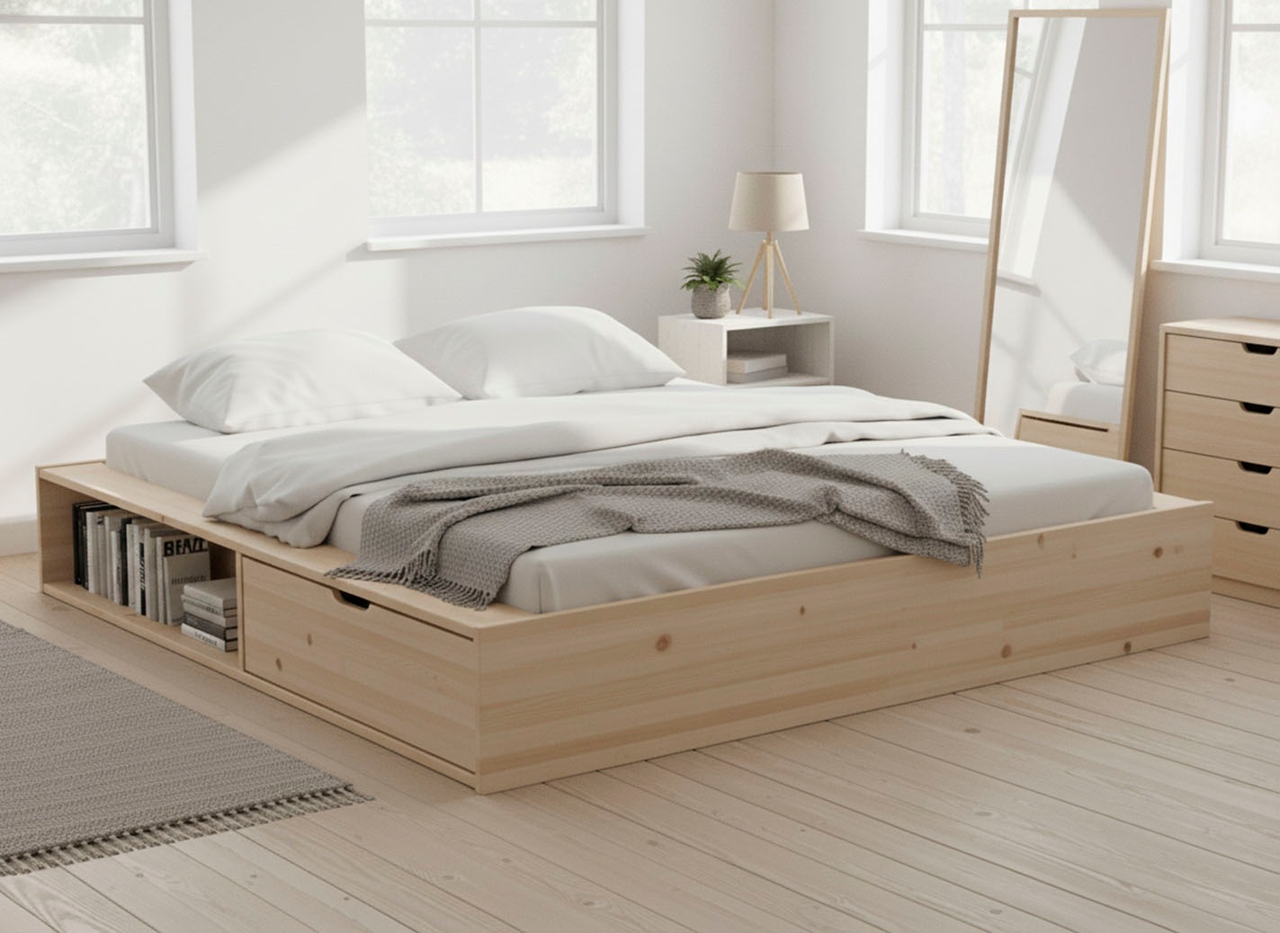 Image of GOODproduct Massivholzbett "Erno, Stauraumbett Futonbett, 275KG belastbar" Breite/ Belastbarkeit: 120cm/275 KG, 180cm/275 KG, mit Lattenrost, FSC zertifiziert, viel Stauraum + Ablagen