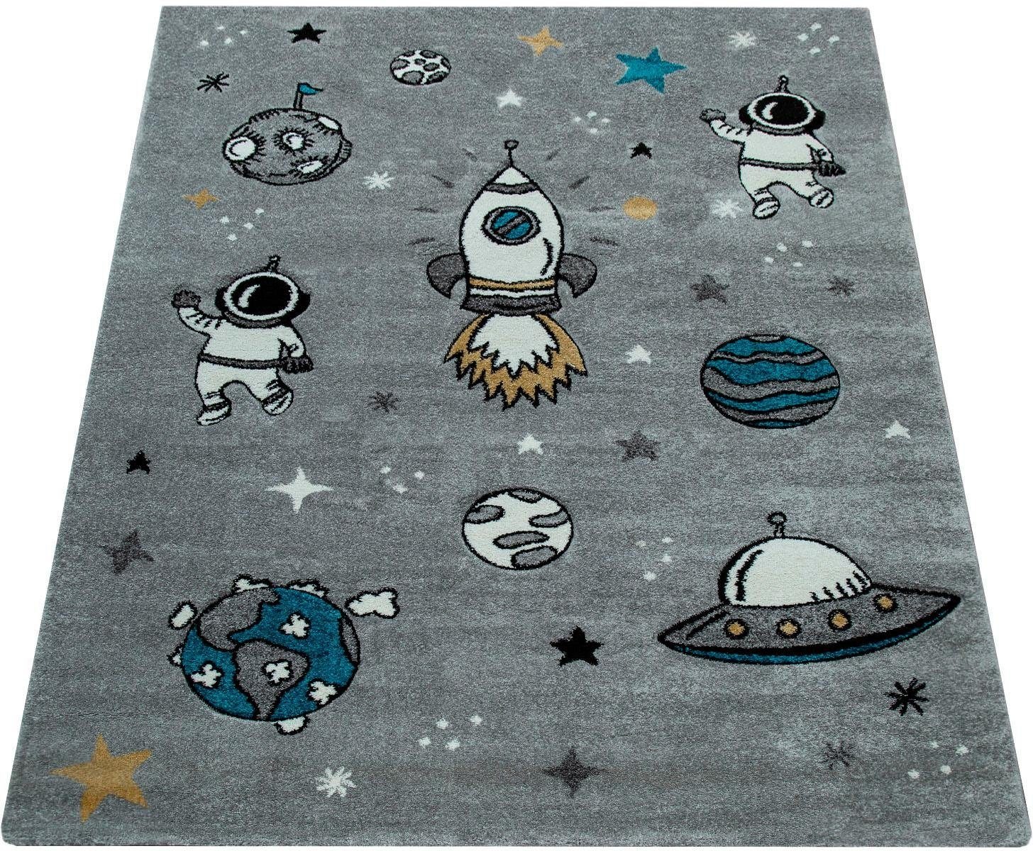 Image of Paco Home Kinderteppich »Diamond 100«, rechteckig, 18 mm Höhe, 3D-Design, Motiv Weltraum, Rakete & Astronaut, Kinderzimmer bei Ackermann Versand Schweiz
