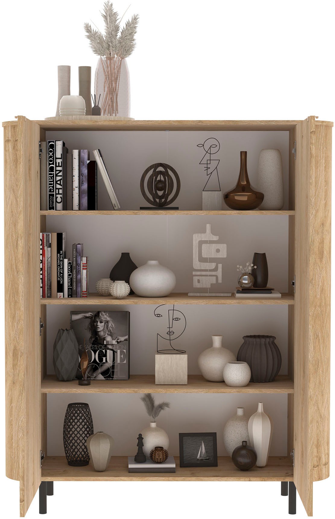 Home affaire Highboard »Murano, B/H 131/154 cm, 2 Türen, Stauraumschrank, Hochkommode« Formgebogenes MDF, Stirnseiten mit Rundung, Füsse und Griffe aus Metall
