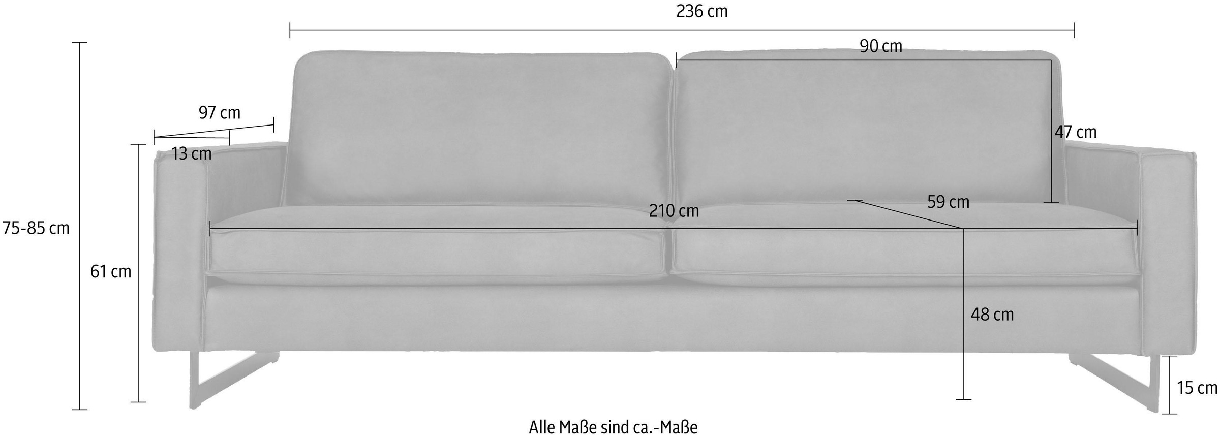 Places of Style 3-Sitzer »Maxi-Ausführung Pinto, 236 cm, Cord, Chenille, Lederoptik«, mit Keder, schwarze Metallfüsse, Wellenunterfederung
