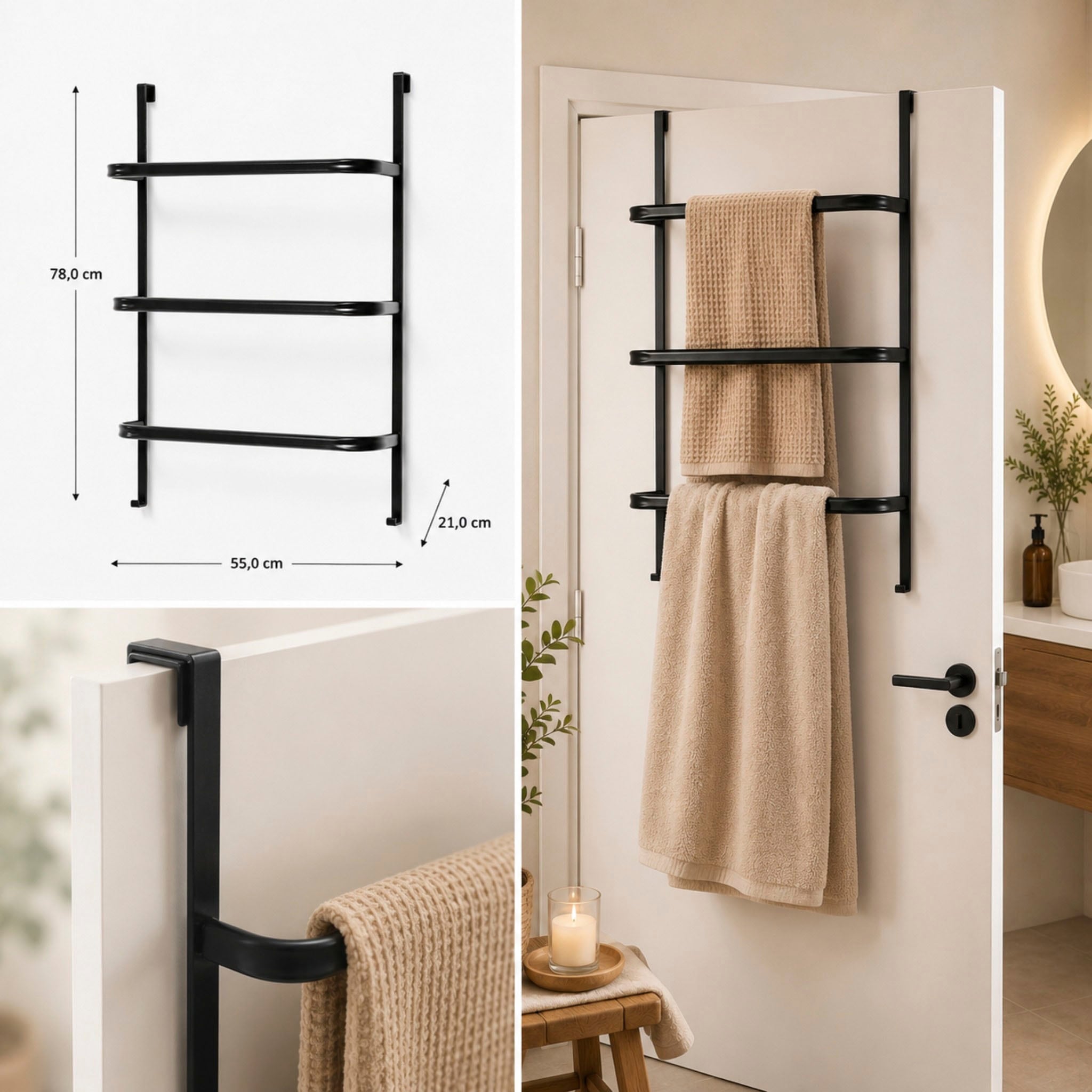 HAKU Étagère à serviettes »Handtuchleiter, Handtuchstange, Türgarderobe, Türhandtuchhalter« forme libre - en métal noir - L/P/H 55/21/78 cm