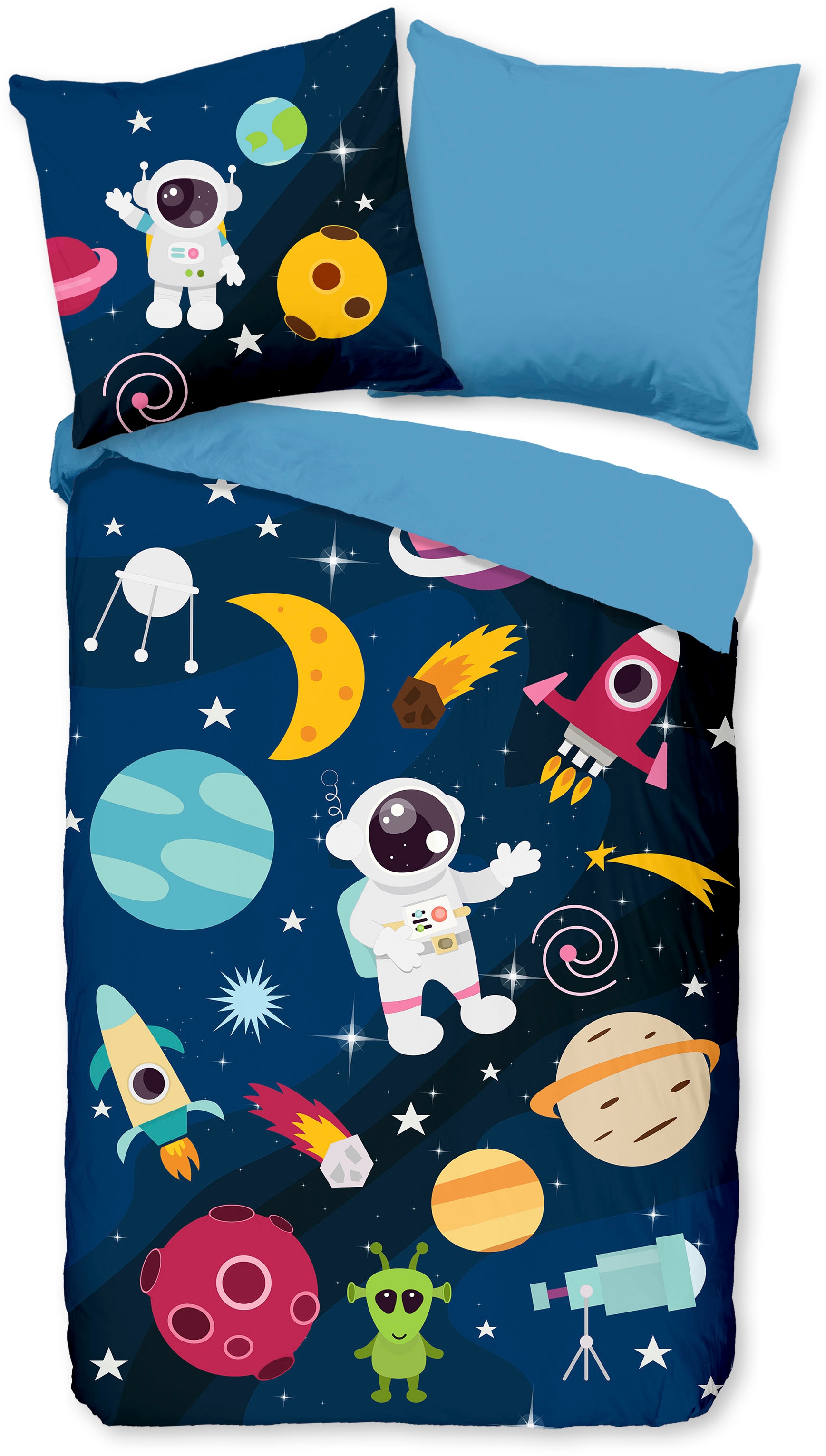 PURE luxury collection Kinderbettwäsche »Planets«, 135x200, Pflegeleicht, Reissverschluss, Wende, Kind Junge, Weltall Blau