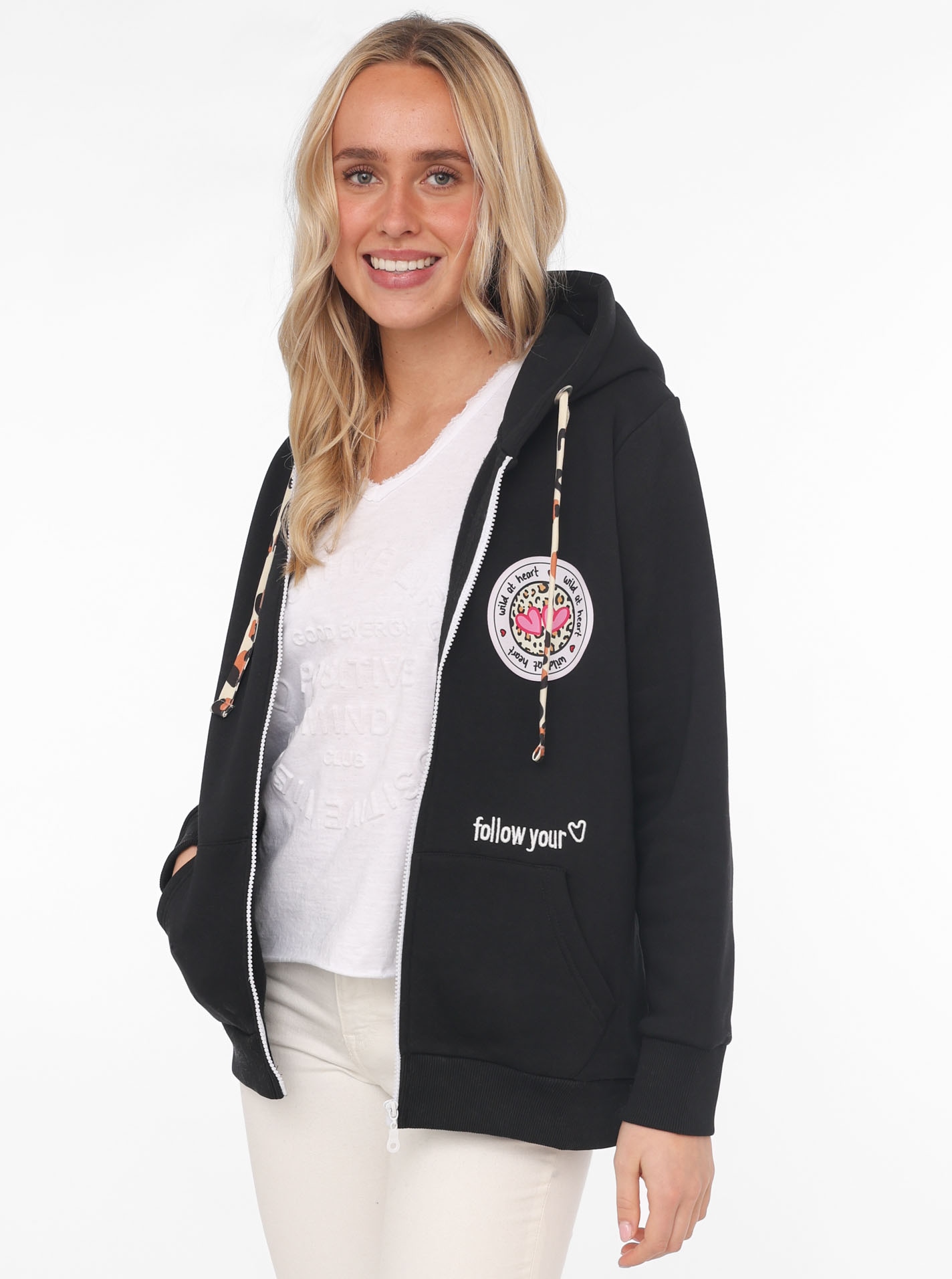 Image of Zwillingsherz Kapuzensweatjacke Leo-Details, Langarm, Reissverschluss, Baumwollmischung