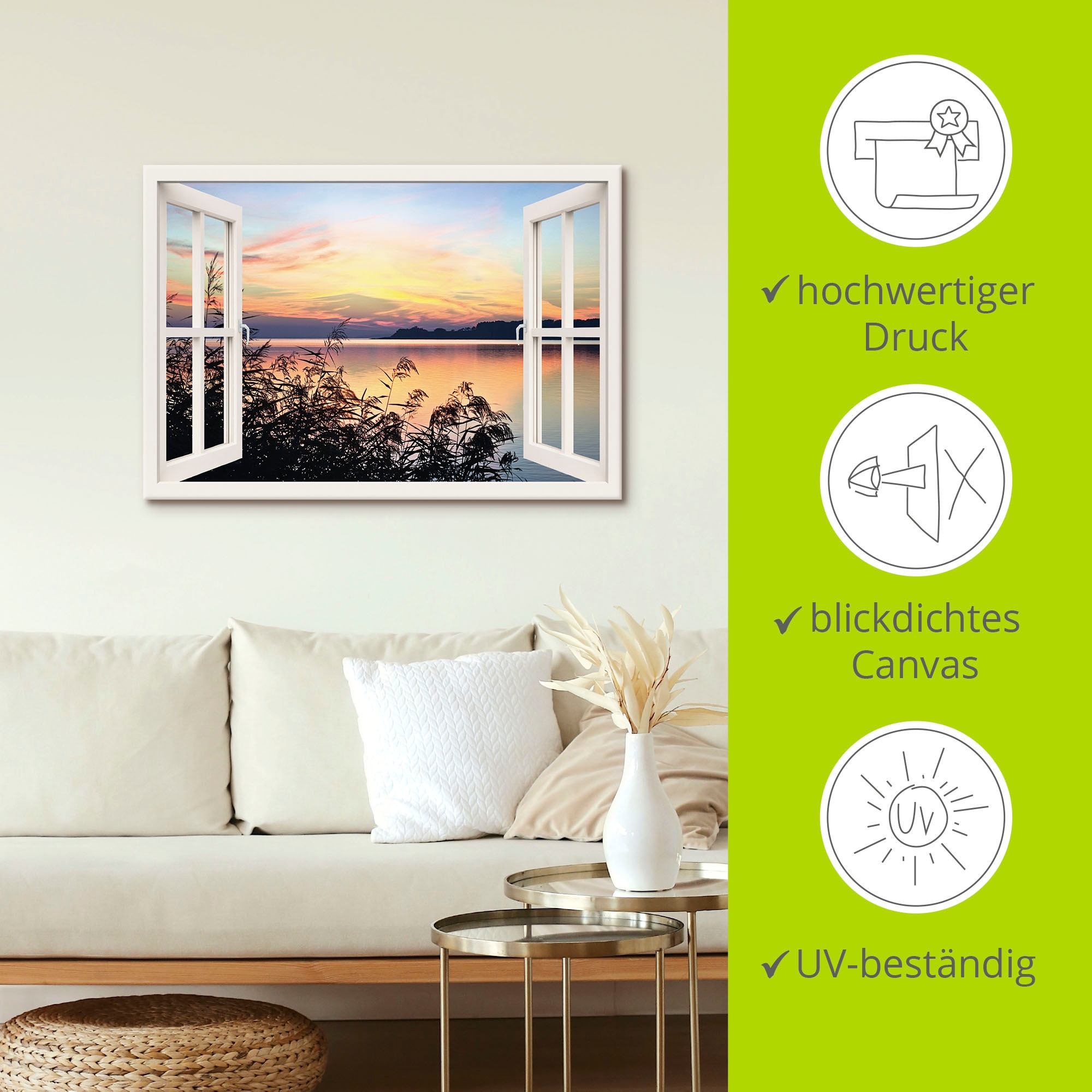 Artland Leinwandbild »Fensterblick - Abendrot im Schilf, weiss«, Fensterblick, (1 St.), auf Keilrahmen gespannt