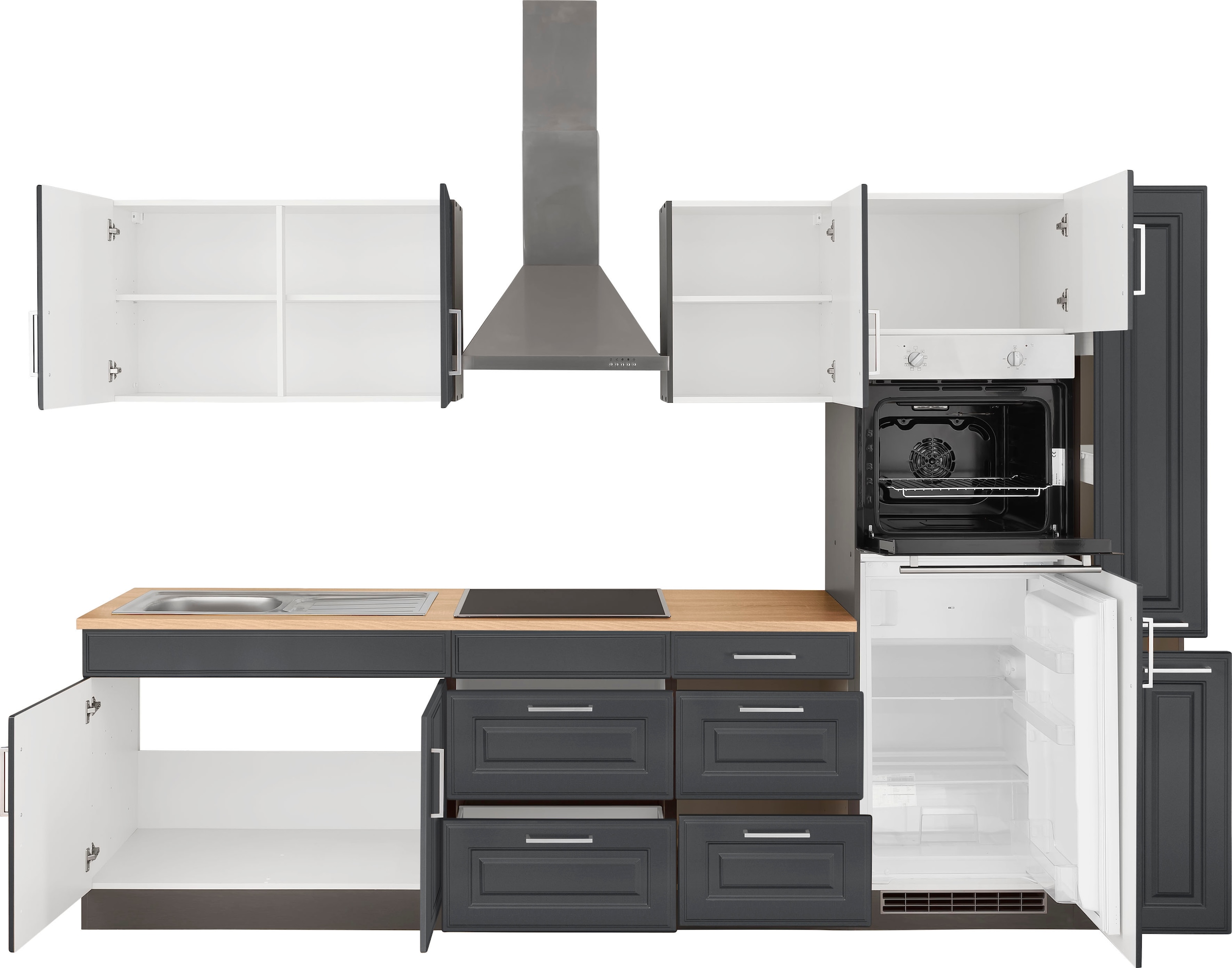 KOCHSTATION Kitchenette »KS-Stockholm – Küche mit hochwertiger und detailreicher Landhausfront« Largeur 300 cm, avec appareils E en option, avec façades MDF