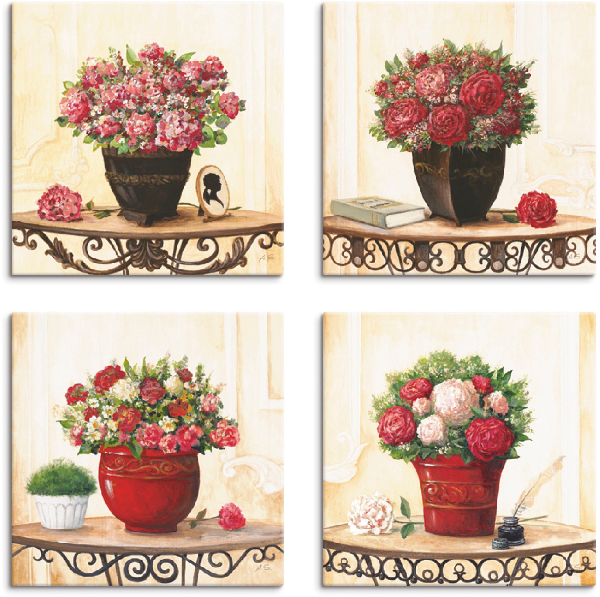 Image of Artland Leinwandbild "Hortensien Nelken Rosen Pfingstrosen" Blumen 4 Stk. tlg. 4er Set, verschiedene Grössen