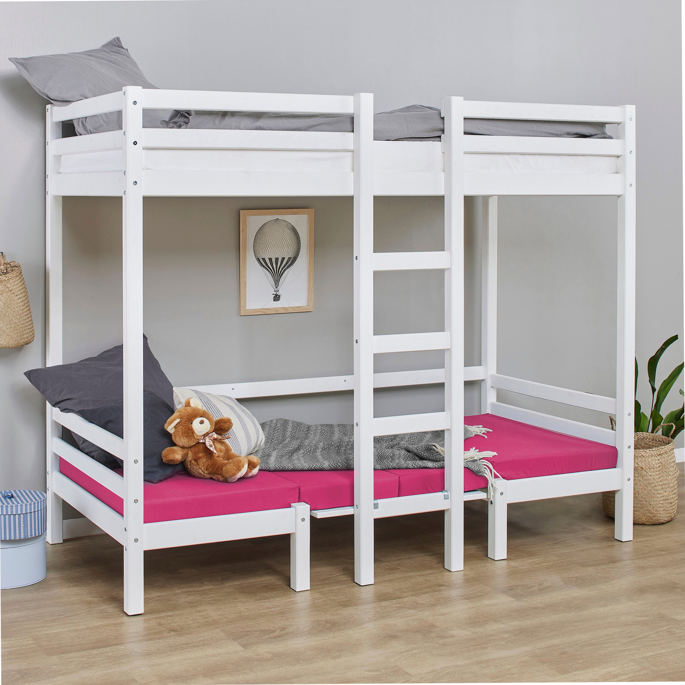 Hoppekids Hochbett »ECO Dream, Kinderbett mit Funktion - Praktisch & flexibel« Unteres Bett nutzbar als Bett oder Sitzgruppe. Matrazenbezug: PINK