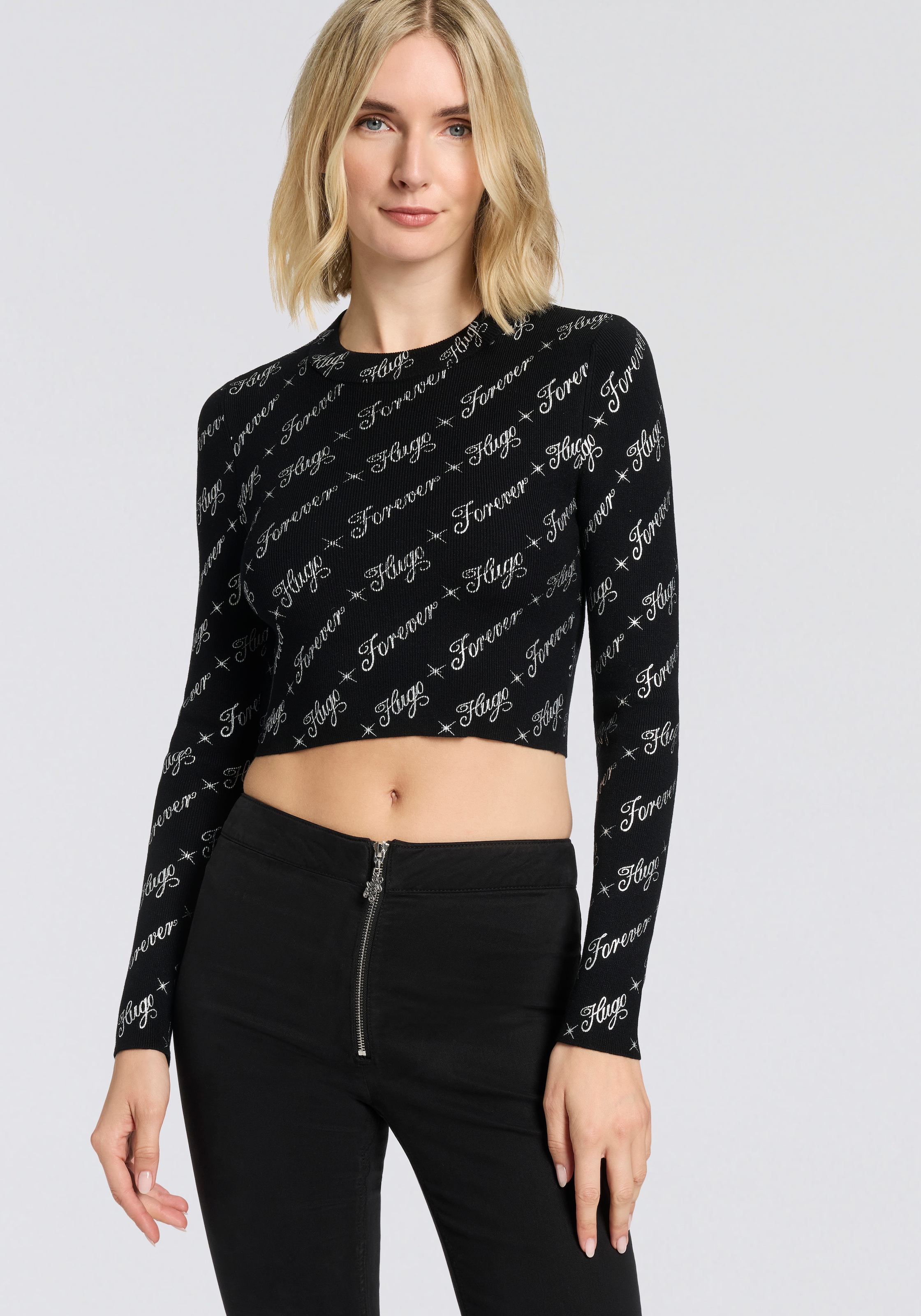 Image of HUGO Langarmshirt "Soiler" mit All-Over-Print, cropped