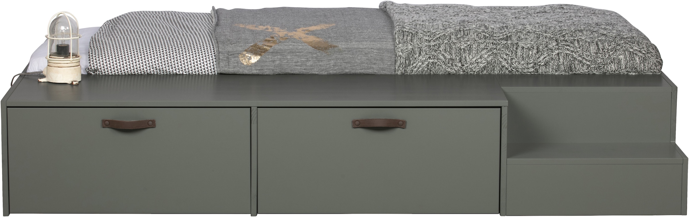 WOOOD Stauraumbett »Stage Massivholz FSC®-Kiefernholz mit Trittstufen 204 x 131 x 35 cm« Rollauszüge mit Ledergriff, breite Holzkante, Matratzenmass 80x200 cm