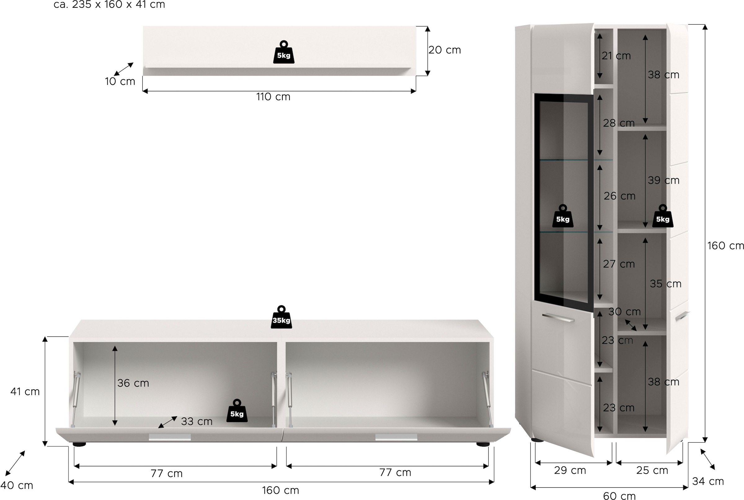 INOSIGN Wohnwand »FLORENZ, 3-teilige Wohn-Kombination, hochwertige MDF-Front« Set, Set, best. aus: 1 Vitrine, 1 Lowboard, 1 Wandboard, 3 Stk. tlg.