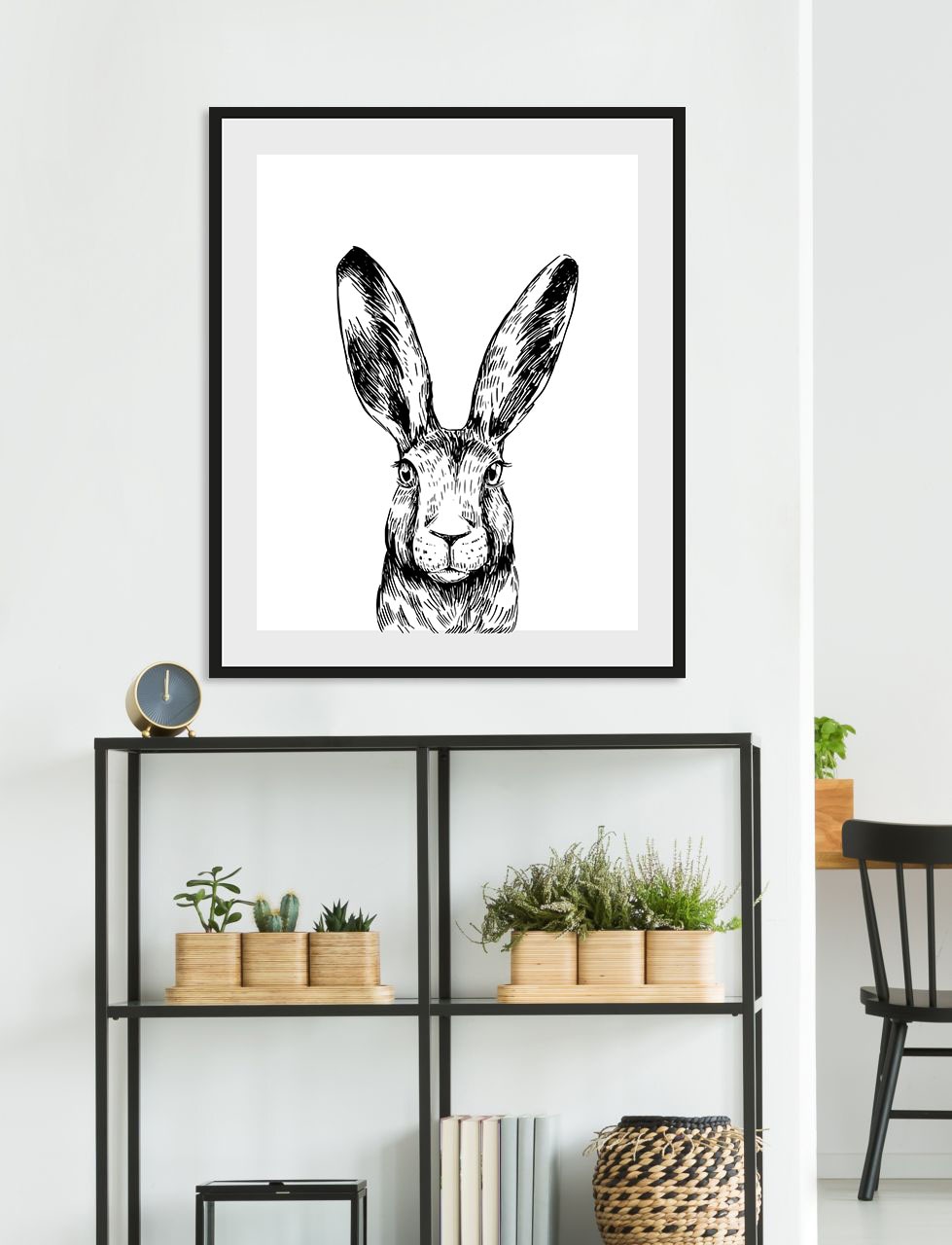 queence Bild »Matias«, Hase-Hasen-Schwarz-Weiss-Kunst-Haustiere, (1 St.), HD Premium Poster-Druck inkl. Holzrahmen