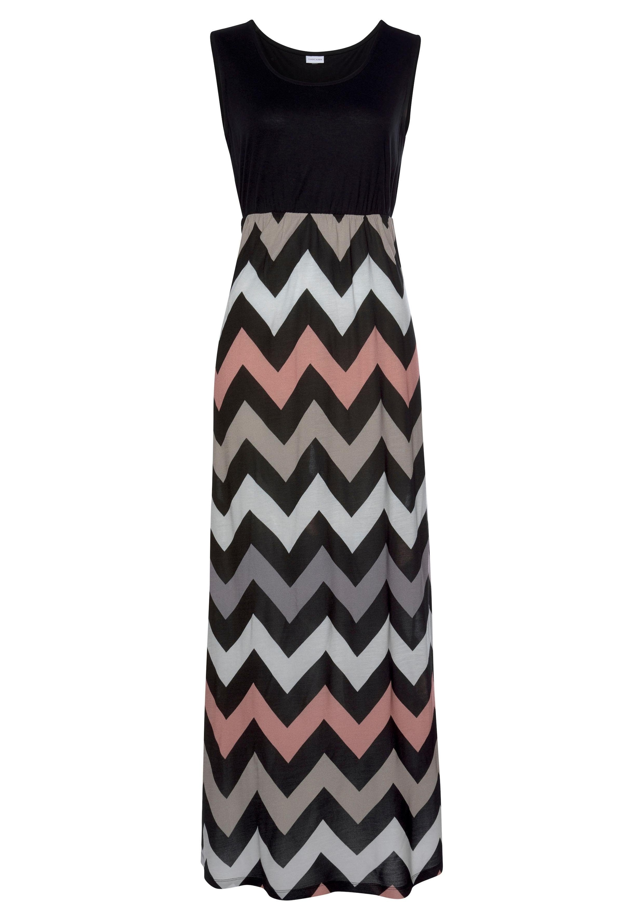LASCANA Maxikleid "mit Zick-zack-Druck, figurbetont" Ohne Taschen langes Sommerkleid, leichtes Strandkleid, Jerseykleid, Trägerkleid