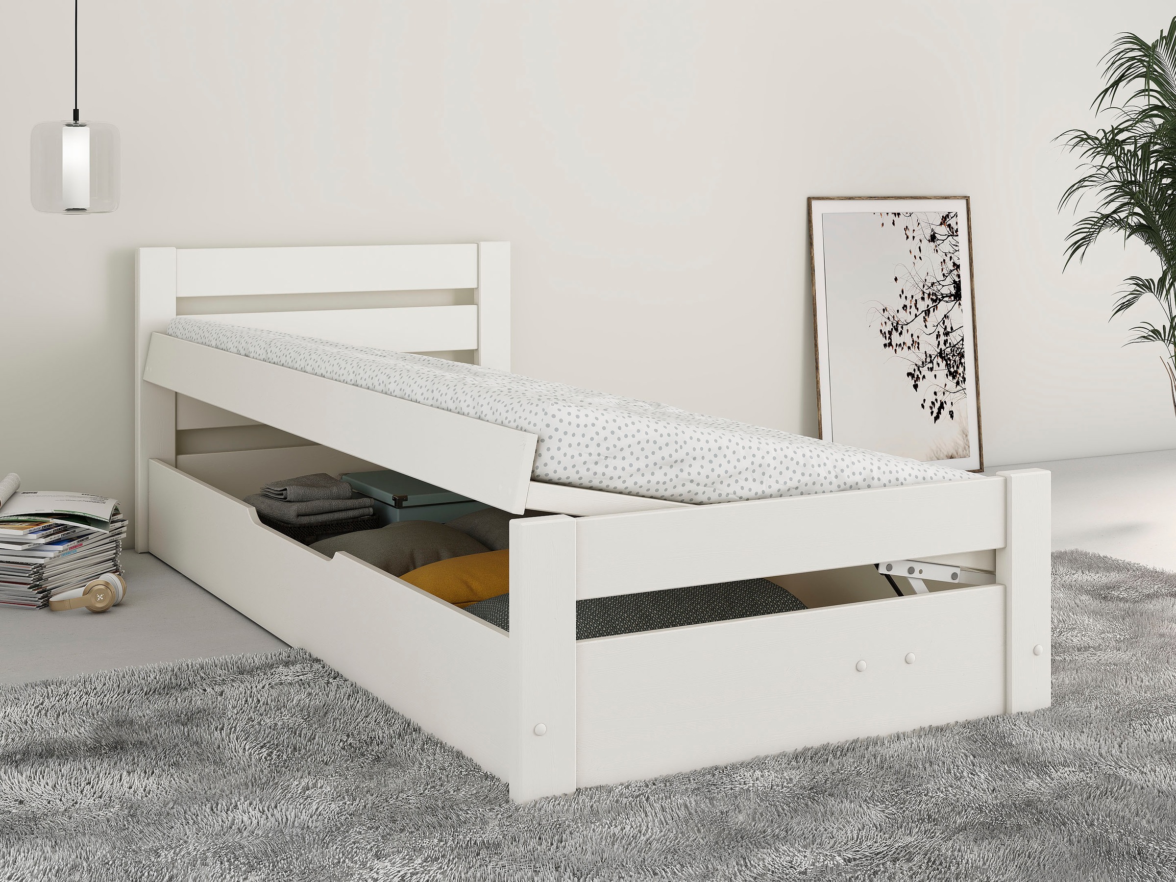 Image of GOODproduct Massivholzbett ""GODJE " zertifiziertes Massivholz (Kiefer)" Bettkasten beidseitig montierbar (rechts oder links zu öffnen), seitlich aufklappbarer Bettkasten mit viel Stauraum, skandinavisch