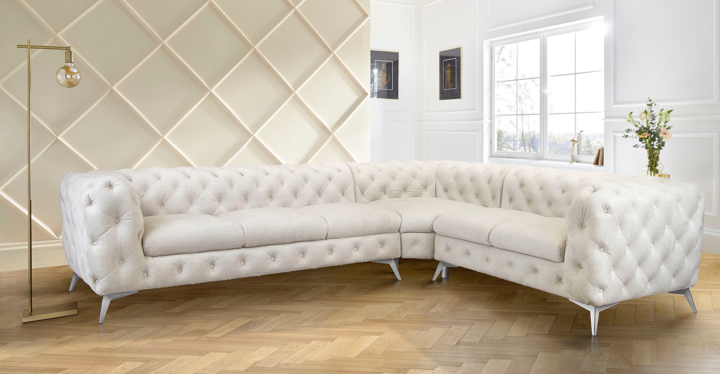 Leonique Chesterfield-Sofa »Ecksofa GLYNIS L-Form mit Wellenunterfederung, Masse B/T/H 323/264/75cm«, aufwändige Knopfheftung, moderne Chesterfield Optik, Fussfarbe wählbar
