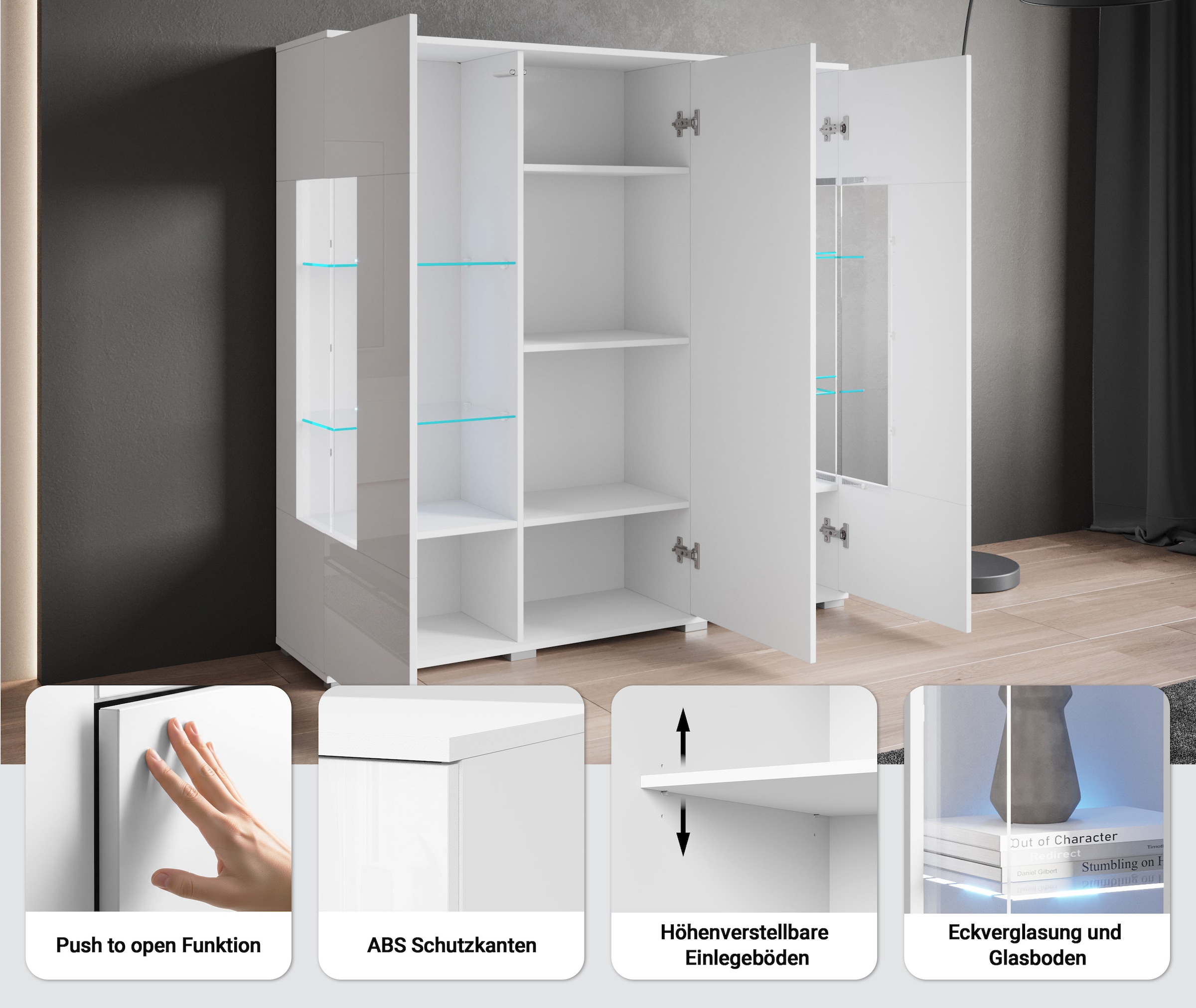 GOODproduct Highboard »Kenia« 1 Stk. tlg. Modernes Highboard, mit Glastüren, Breite 135 cm