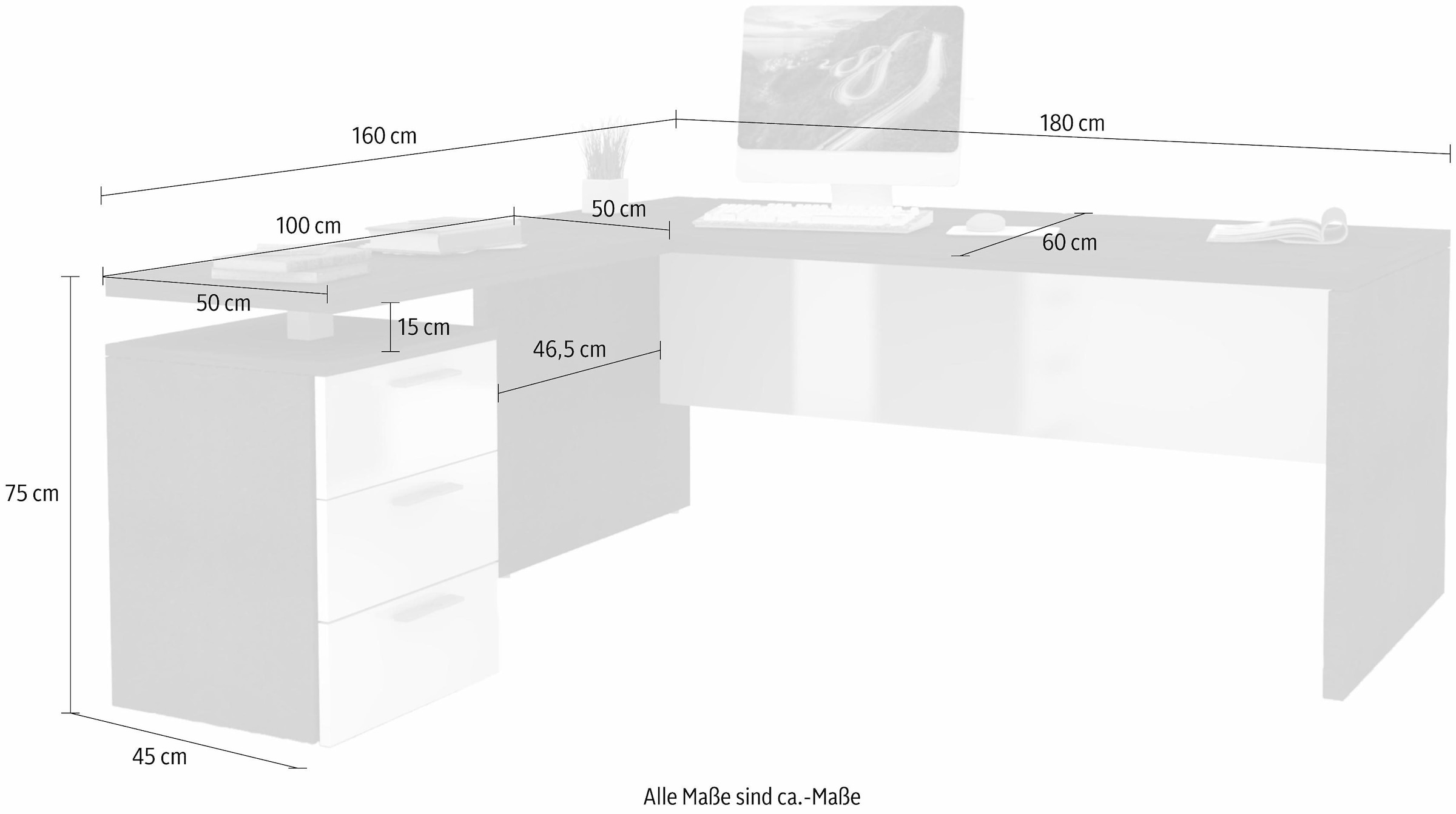 INOSIGN Eckschreibtisch »New Selina«, Schreibtisch mit 3 Schubkästen, Masse 180/100x60x75 cm, Made in Italy