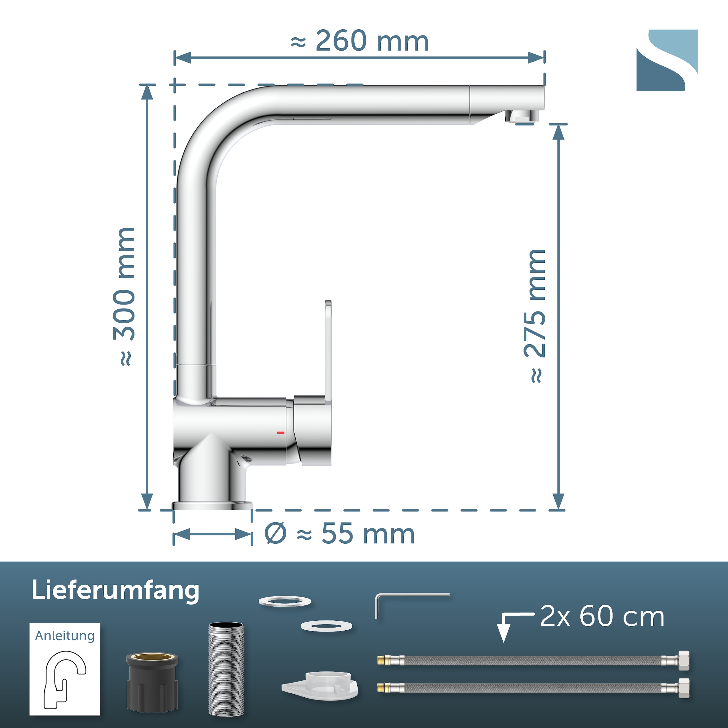 Schütte Robinet d'évier »RIO Schütte« robinet de cuisine, forme en L, acier inoxydable, démarrage à froid, pivotant, acier inoxydable