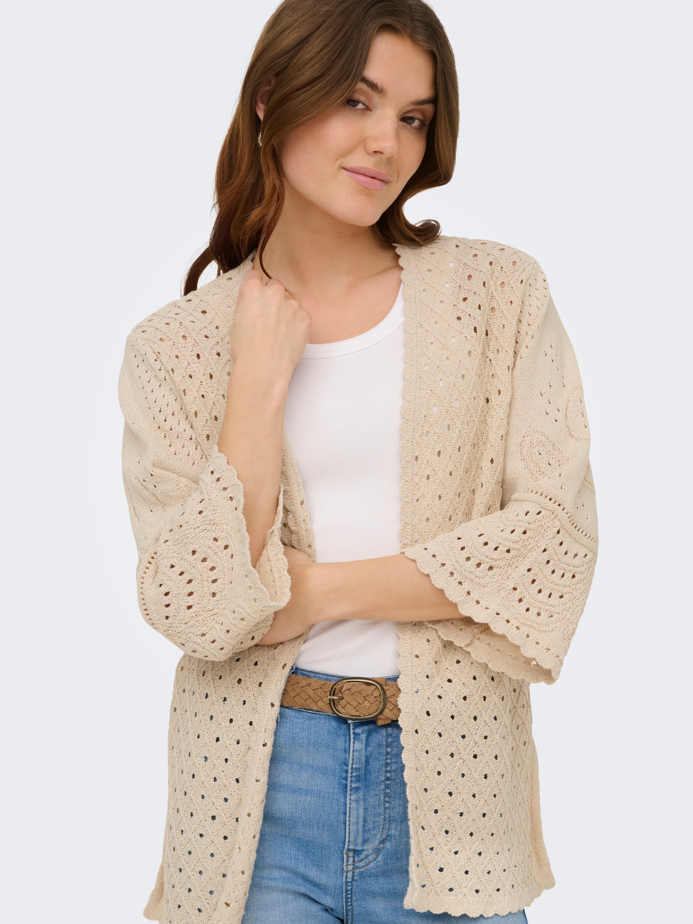 ONLY Strickjacke »ONLLUZA 3/4 V-NECK LONG KIMONO KNT« Baumwollmischung, regular fit, V-Ausschnitt